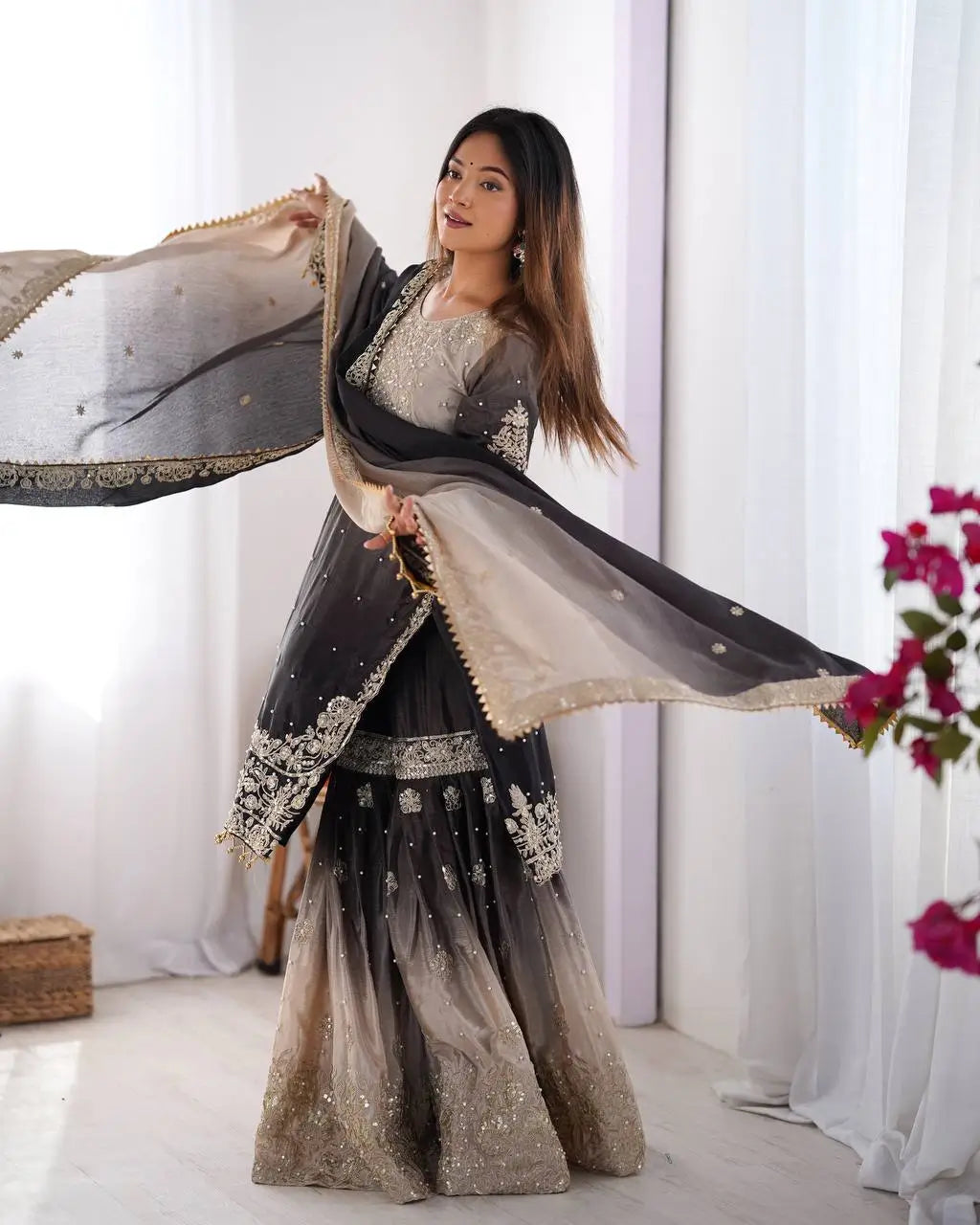 Chinon Silk Embroidered Sharara Suit Set with Dupatta
