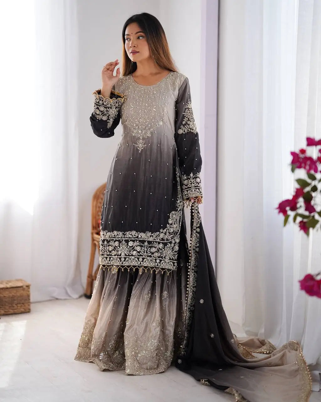 Chinon Silk Embroidered Sharara Suit Set with Dupatta