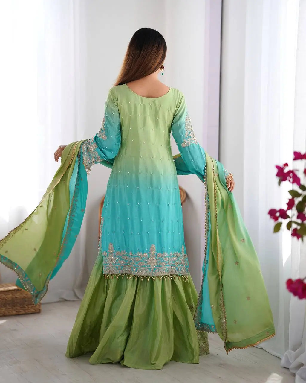 Chinon Silk Embroidered Sharara Suit Set with Dupatta