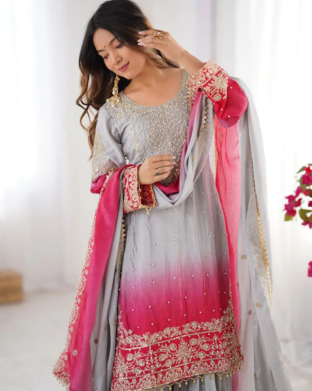 Chinon Silk Embroidered Sharara Suit Set with Dupatta