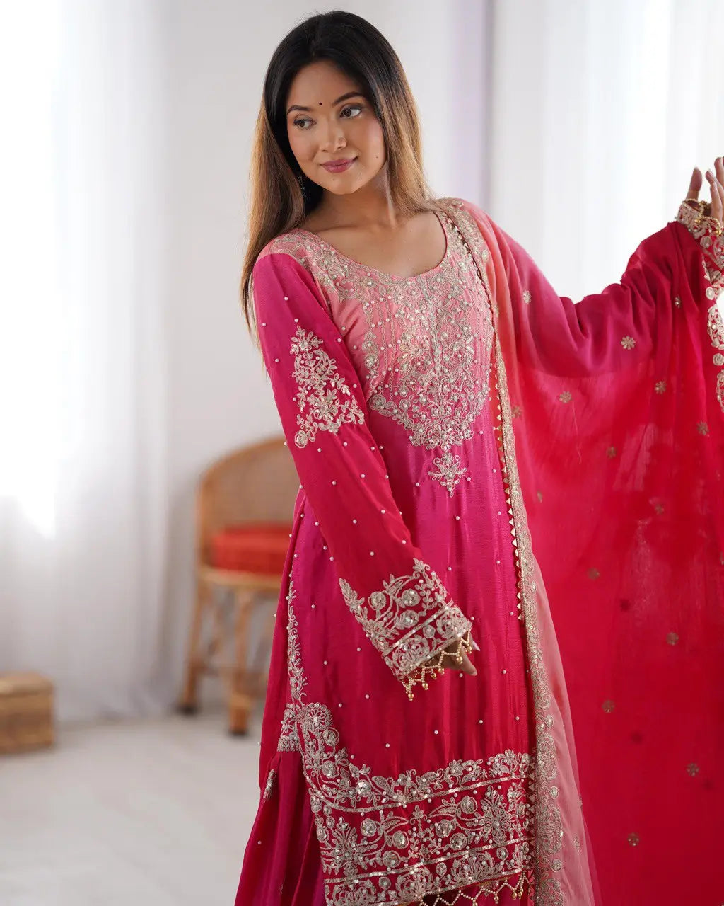 Chinon Silk Embroidered Sharara Suit Set with Dupatta