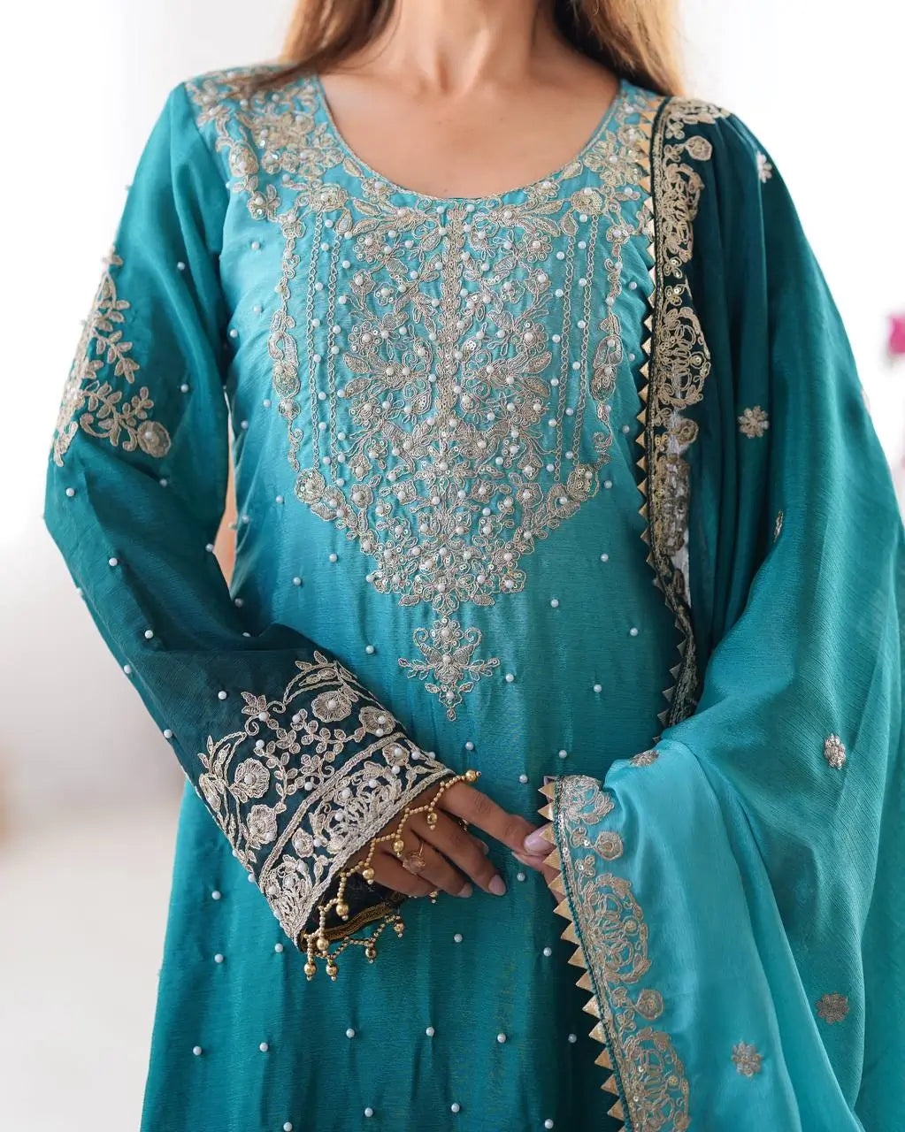 Chinon Silk Embroidered Sharara Suit Set with Dupatta
