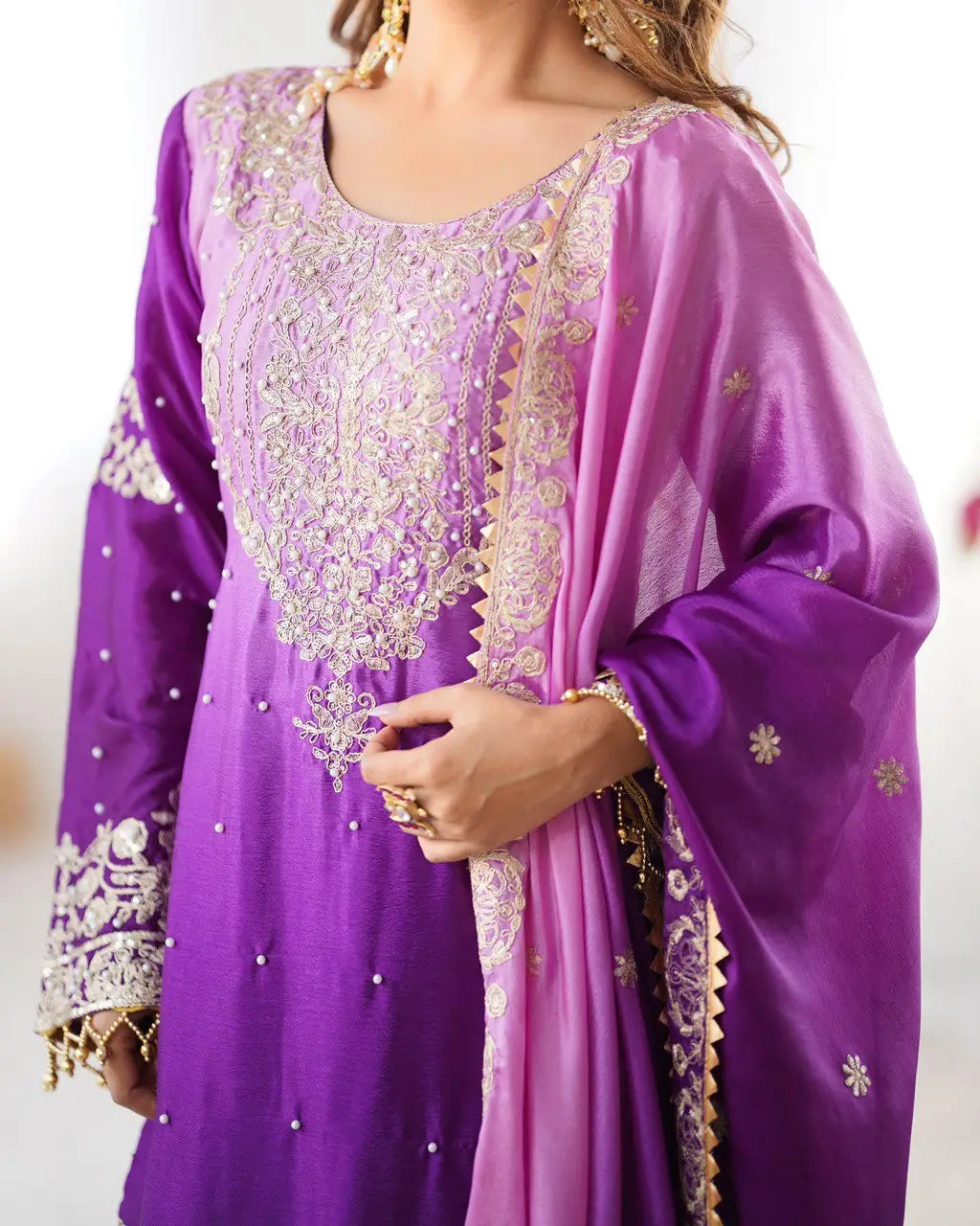 Chinon Silk Embroidered Sharara Suit Set with Dupatta