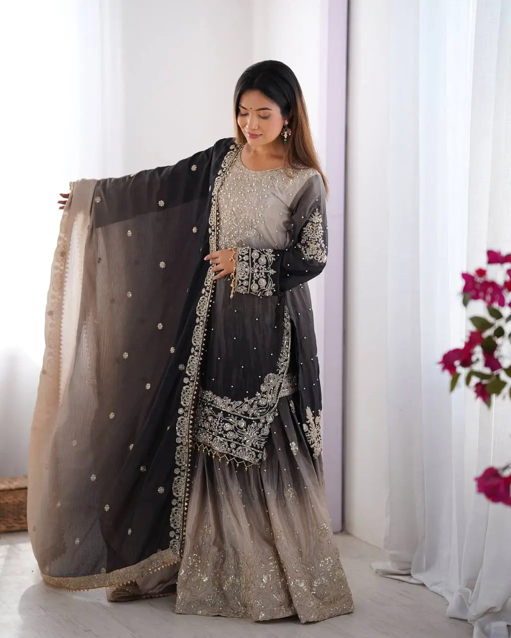 Chinon Silk Embroidered Sharara Suit Set with Dupatta