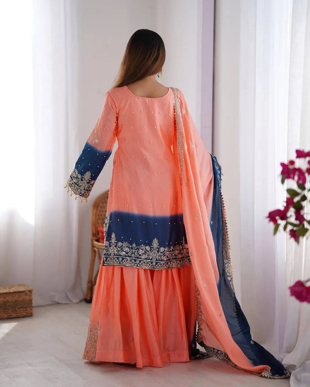 Chinon Silk Embroidered Sharara Suit Set with Dupatta