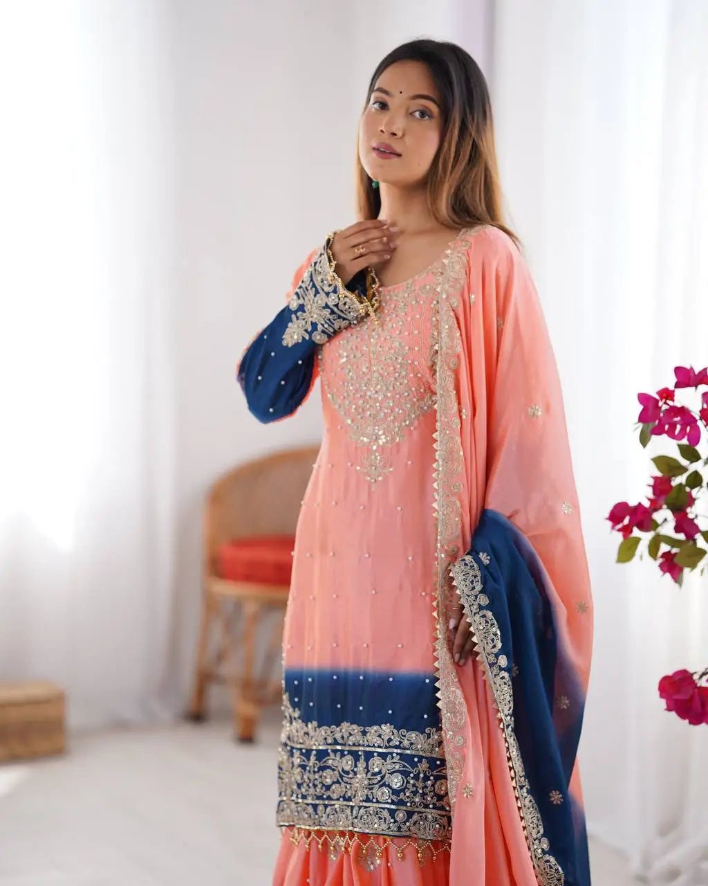 Chinon Silk Embroidered Sharara Suit Set with Dupatta