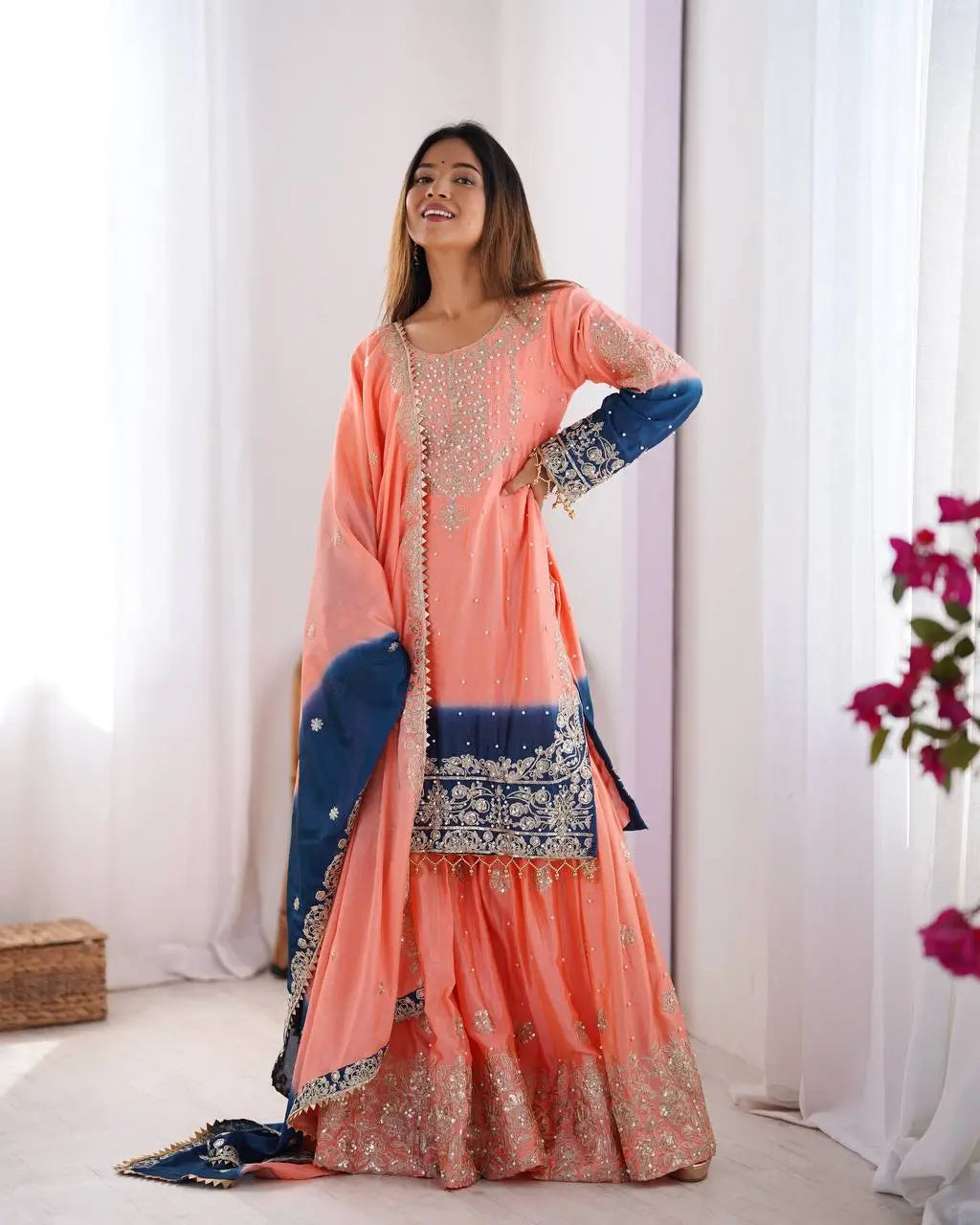 Chinon Silk Embroidered Sharara Suit Set with Dupatta