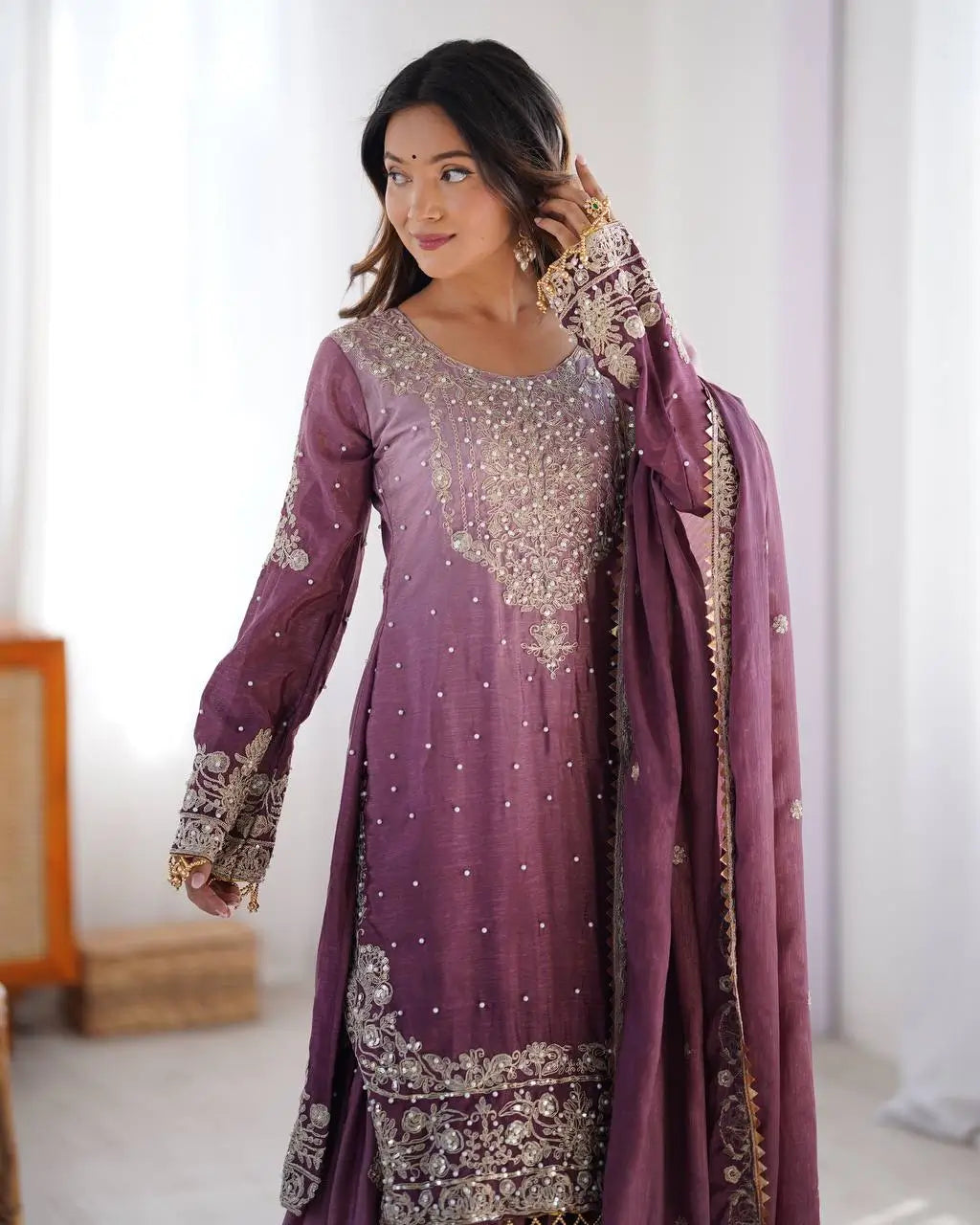 Chinon Silk Embroidered Sharara Suit Set with Dupatta