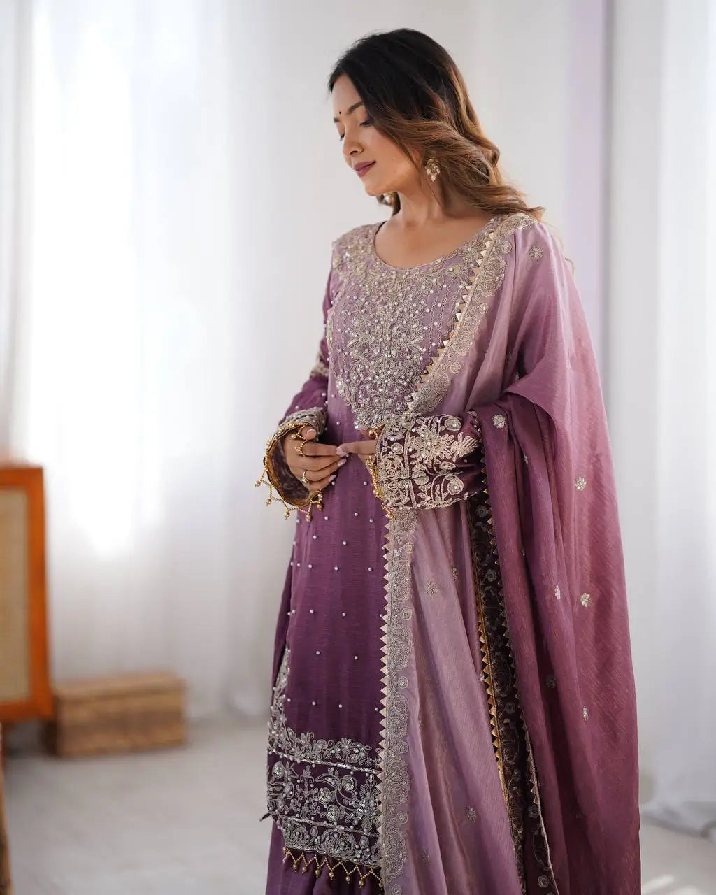 Chinon Silk Embroidered Sharara Suit Set with Dupatta