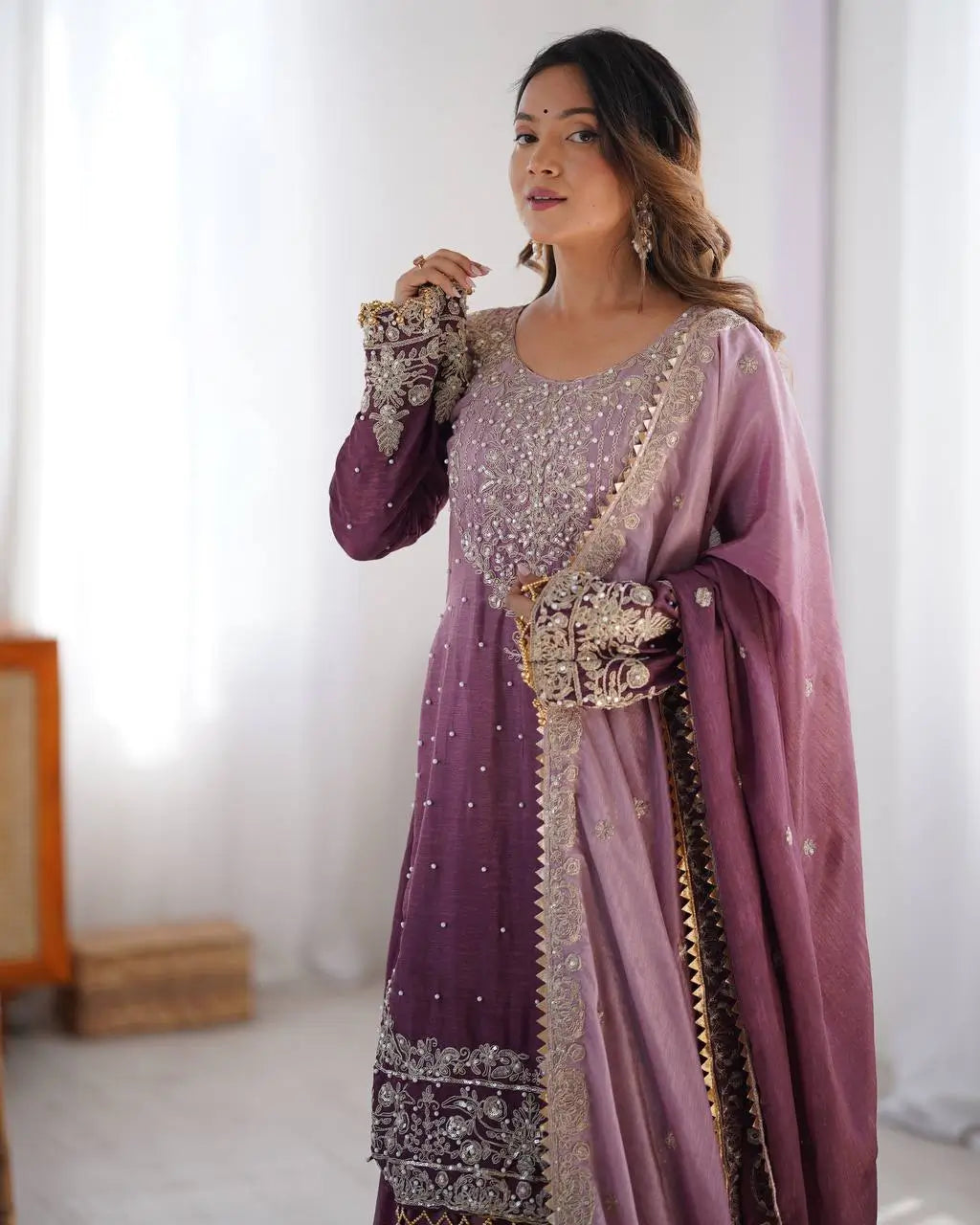 Chinon Silk Embroidered Sharara Suit Set with Dupatta