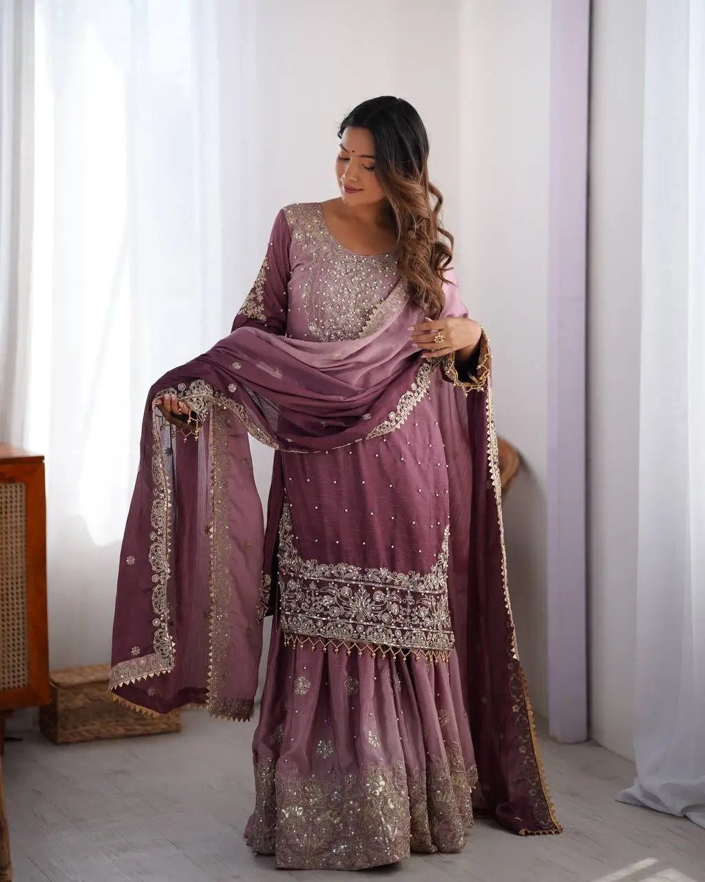 Chinon Silk Embroidered Sharara Suit Set with Dupatta