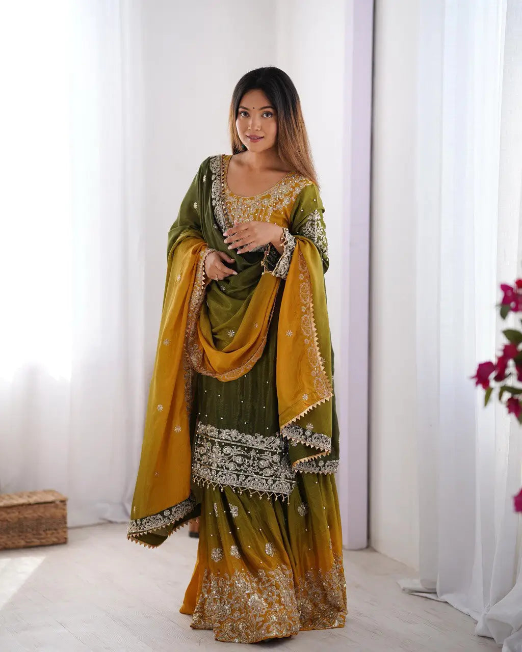Chinon Silk Embroidered Sharara Suit Set with Dupatta