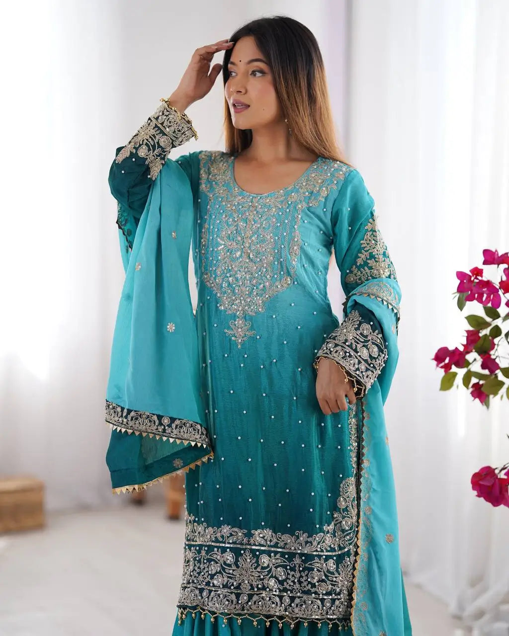 Chinon Silk Embroidered Sharara Suit Set with Dupatta