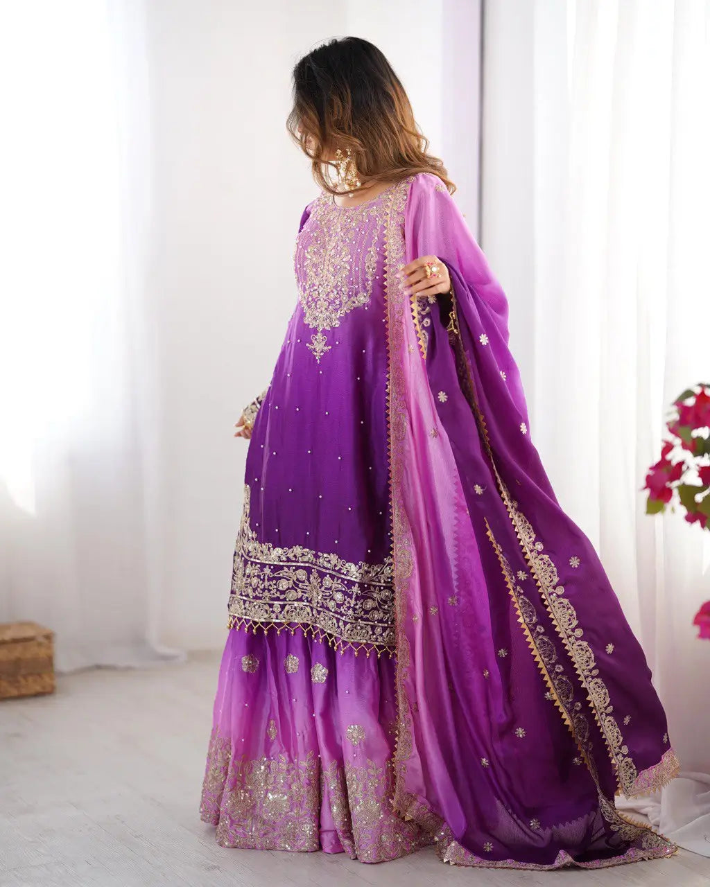 Chinon Silk Embroidered Sharara Suit Set with Dupatta
