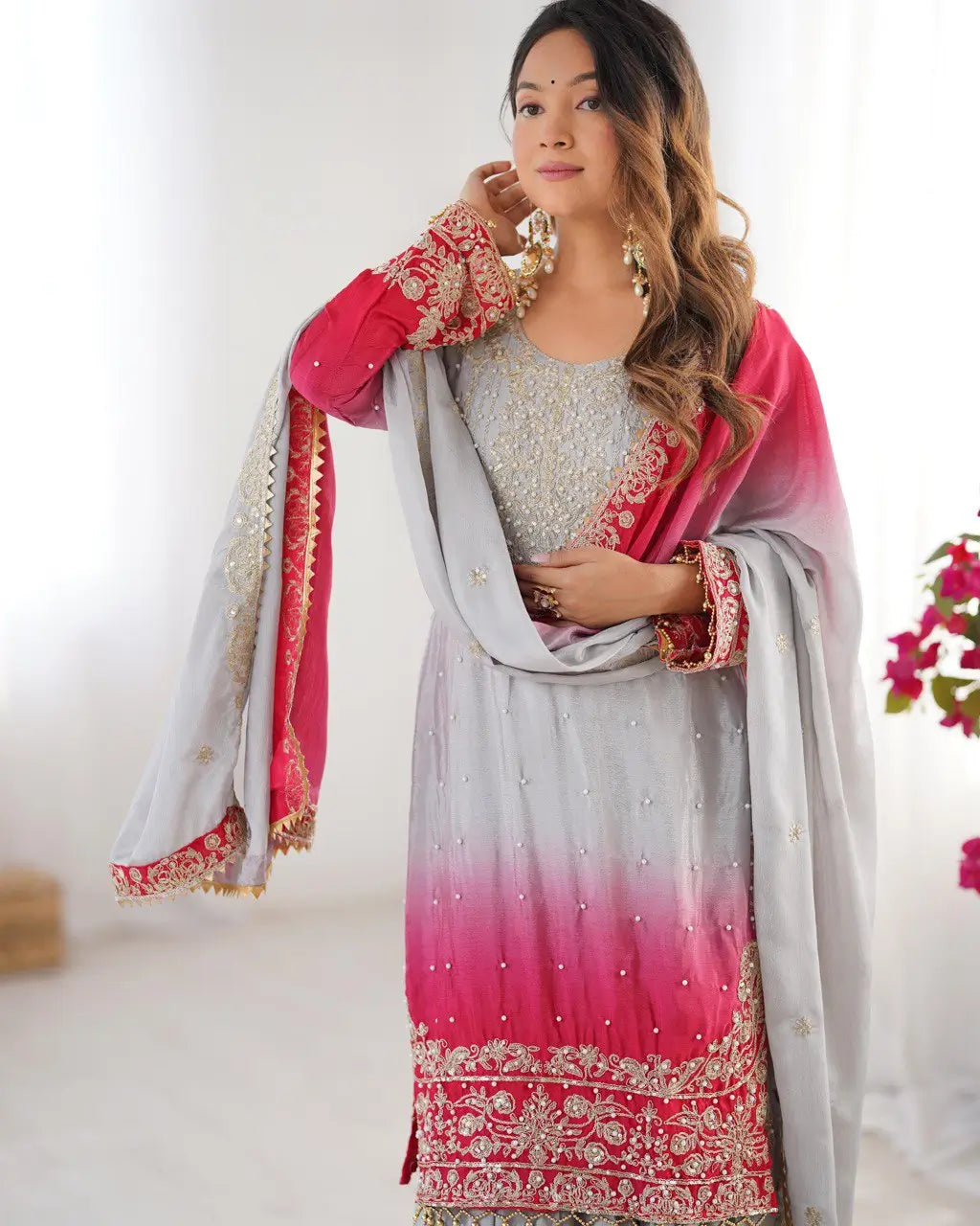 Chinon Silk Embroidered Sharara Suit Set with Dupatta