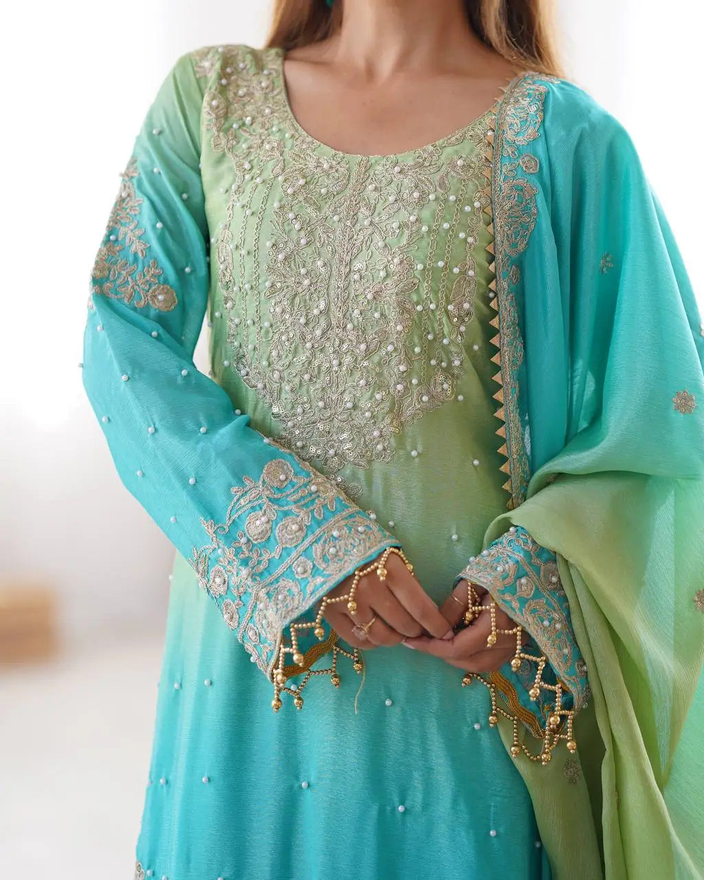 Chinon Silk Embroidered Sharara Suit Set with Dupatta