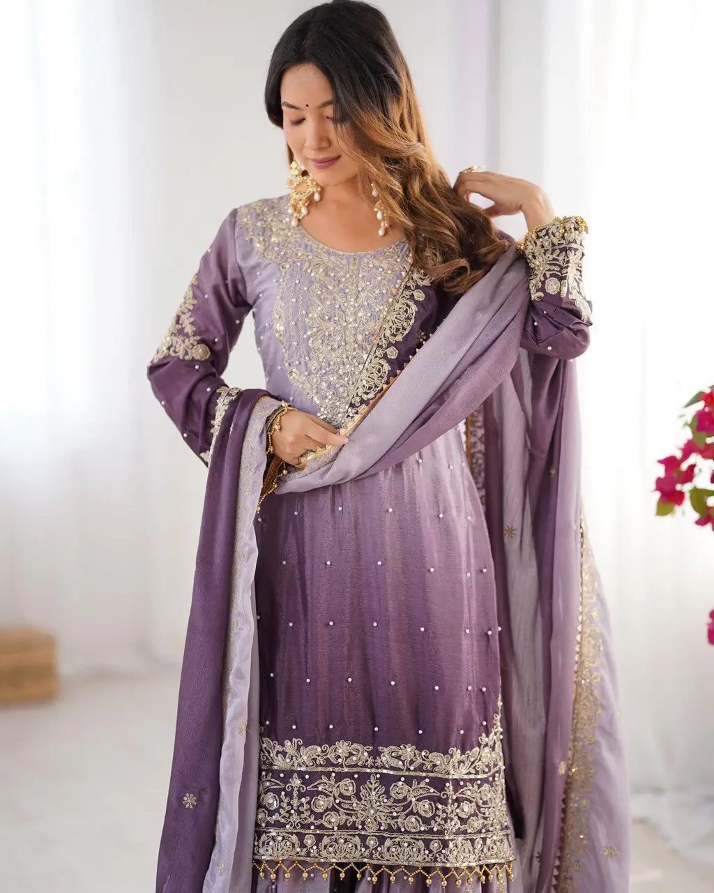 Chinon Silk Embroidered Sharara Suit Set with Dupatta