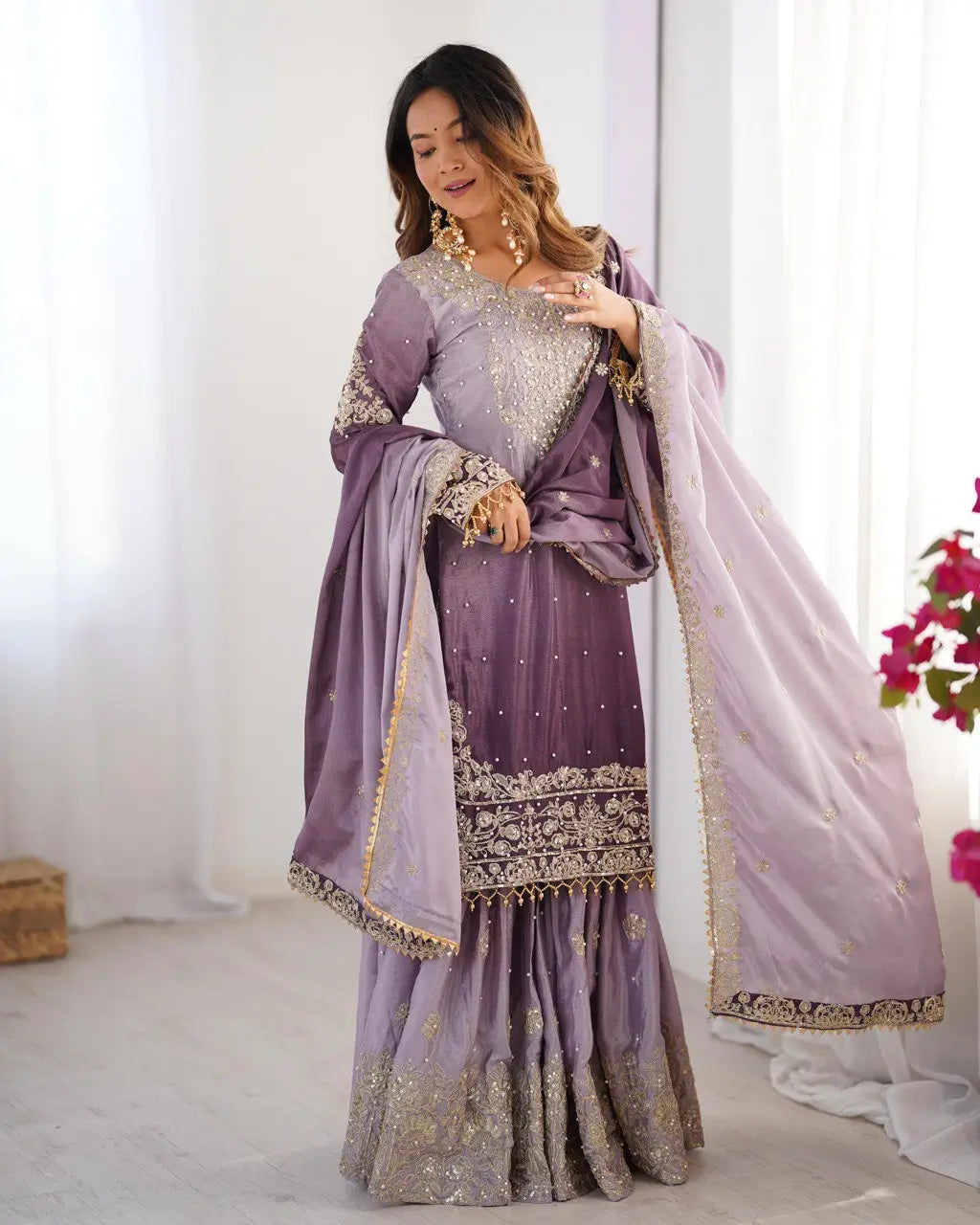 Chinon Silk Embroidered Sharara Suit Set with Dupatta