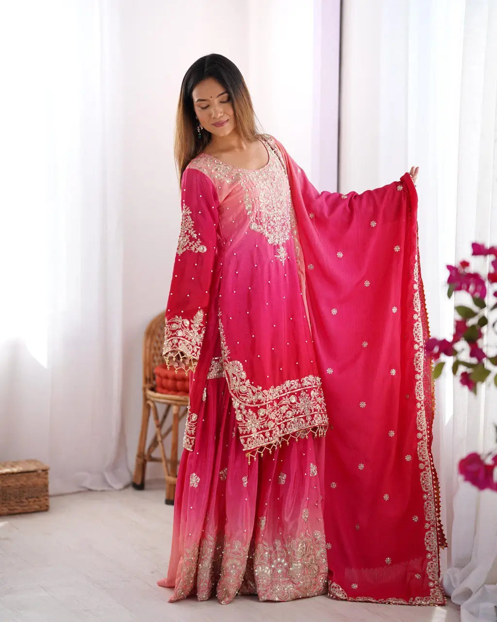 Chinon Silk Embroidered Sharara Suit Set with Dupatta