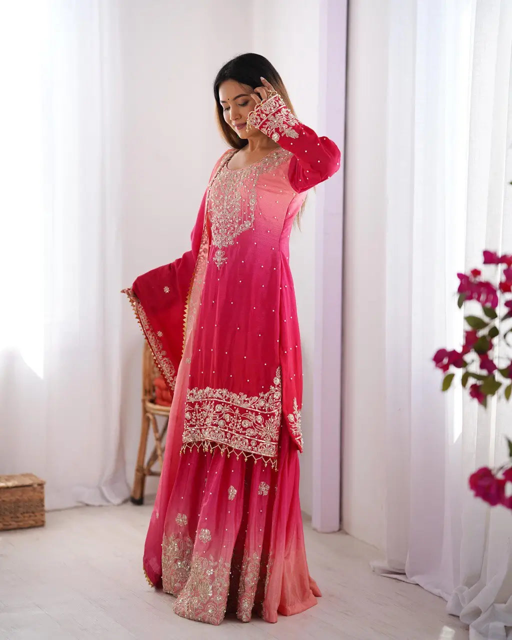 Chinon Silk Embroidered Sharara Suit Set with Dupatta
