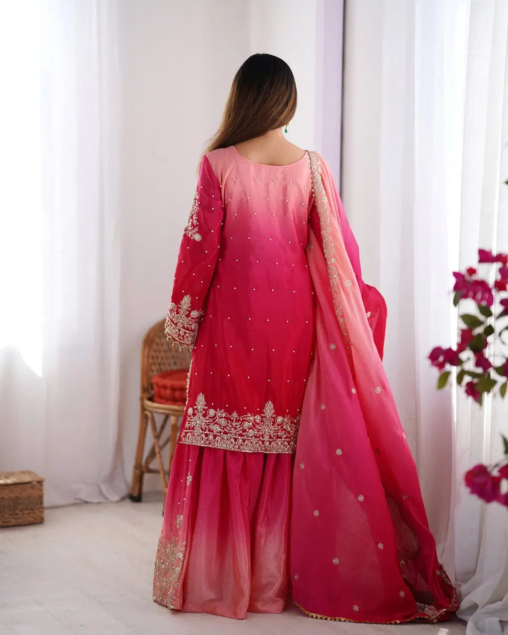 Chinon Silk Embroidered Sharara Suit Set with Dupatta