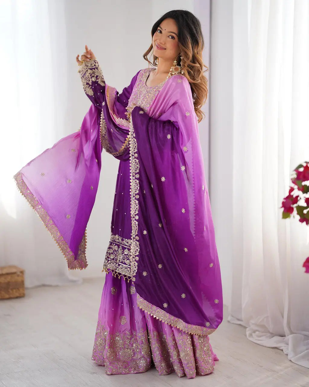 Chinon Silk Embroidered Sharara Suit Set with Dupatta