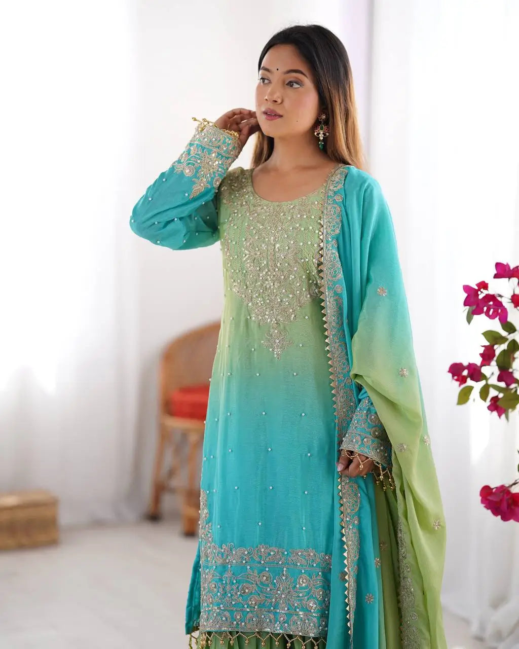 Chinon Silk Embroidered Sharara Suit Set with Dupatta