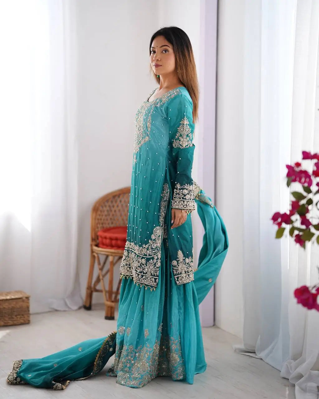 Chinon Silk Embroidered Sharara Suit Set with Dupatta