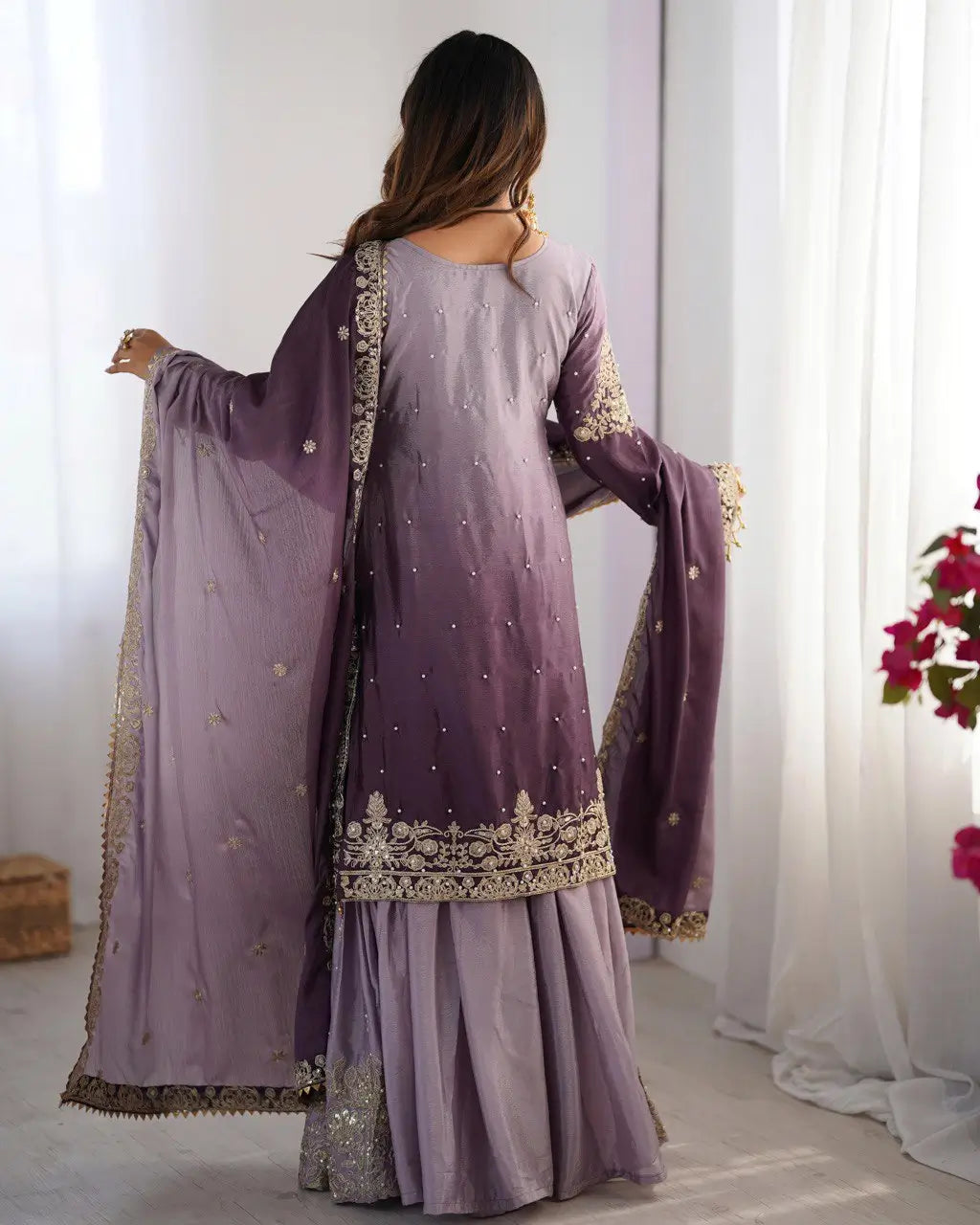 Chinon Silk Embroidered Sharara Suit Set with Dupatta