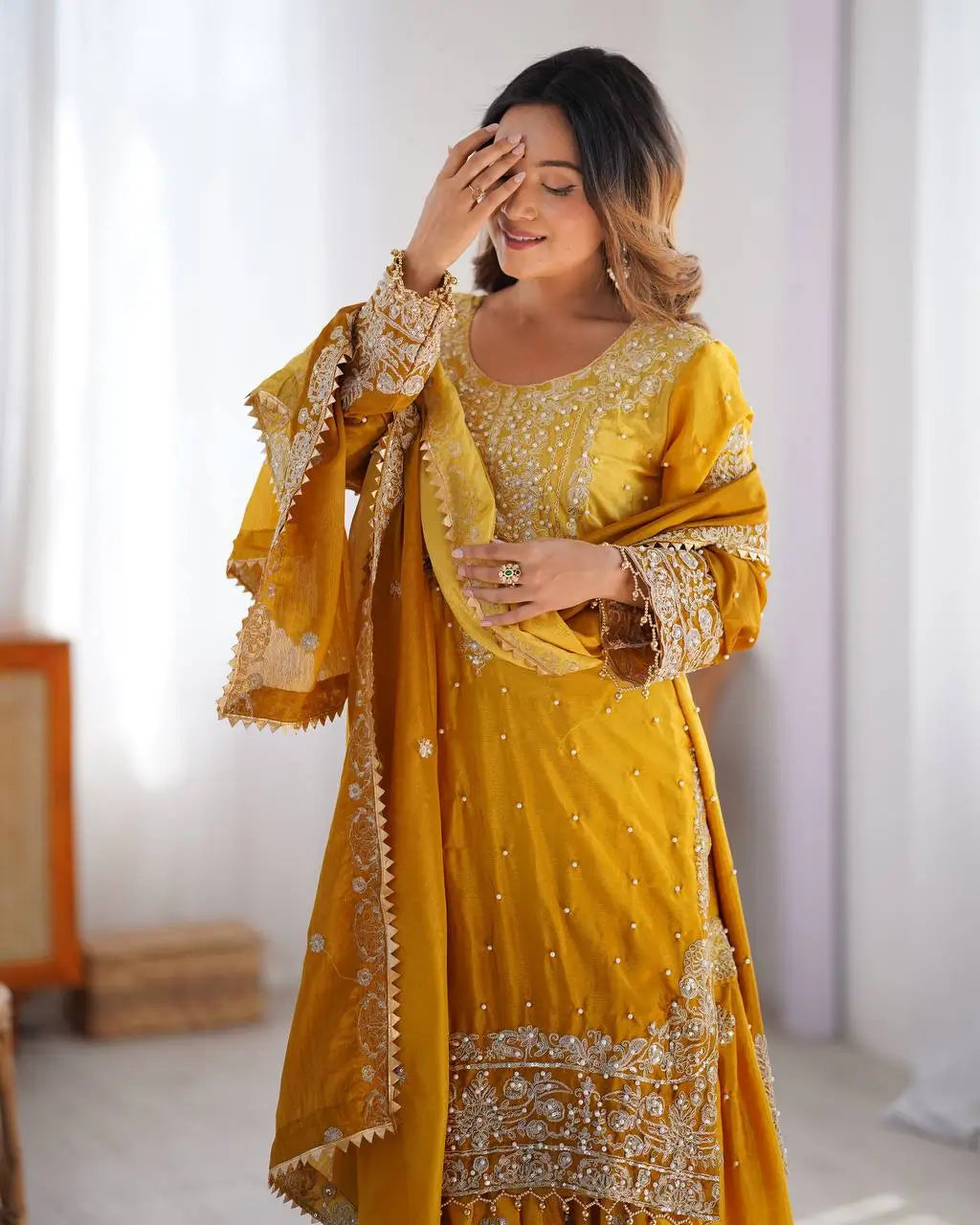 Chinon Silk Embroidered Sharara Suit Set with Dupatta