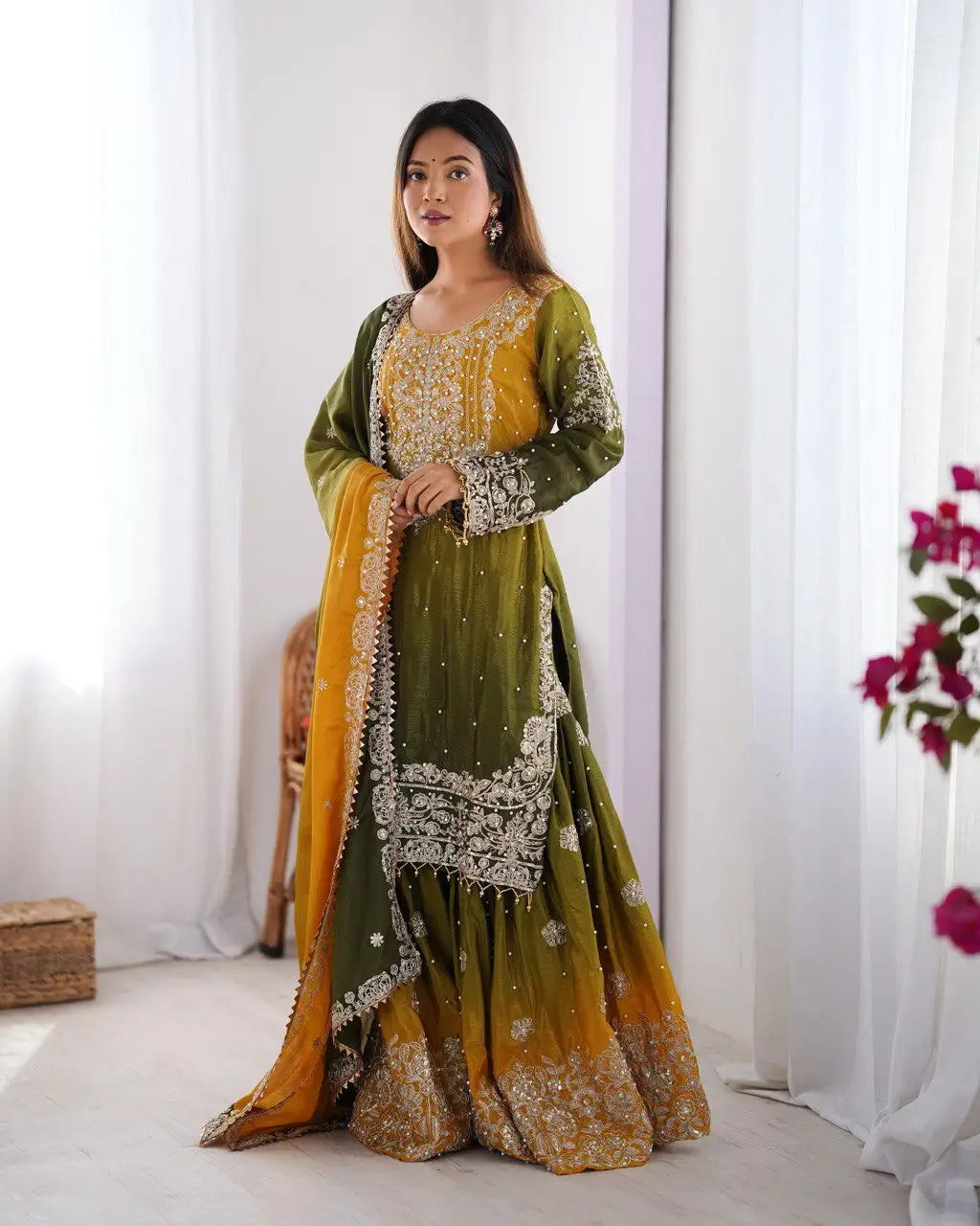 Chinon Silk Embroidered Sharara Suit Set with Dupatta