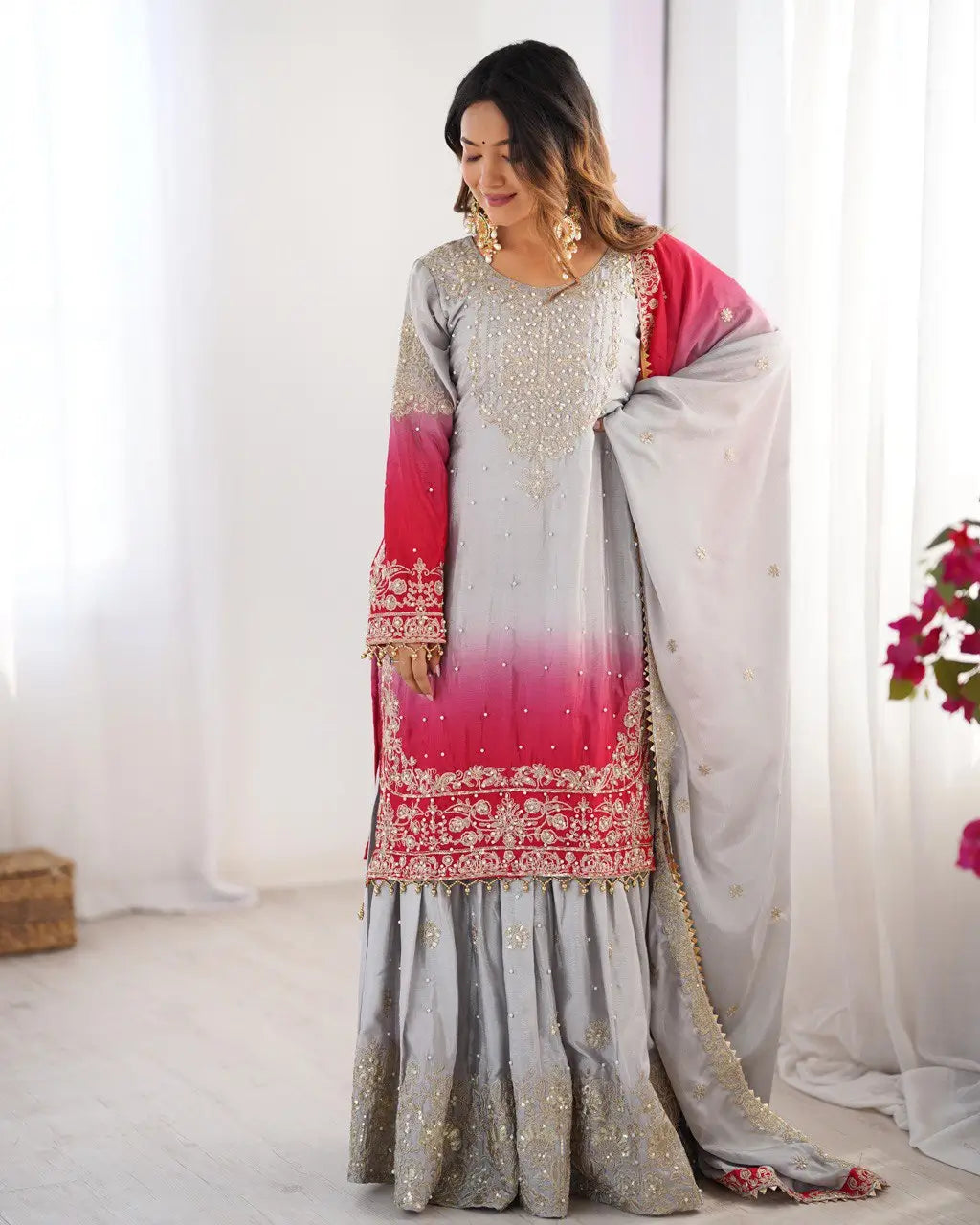 Chinon Silk Embroidered Sharara Suit Set with Dupatta