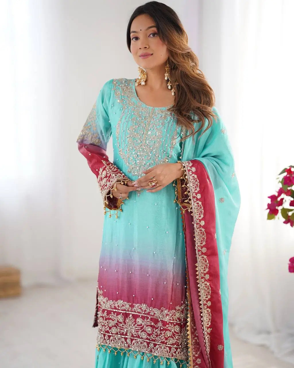 Chinon Silk Embroidered Sharara Suit Set with Dupatta