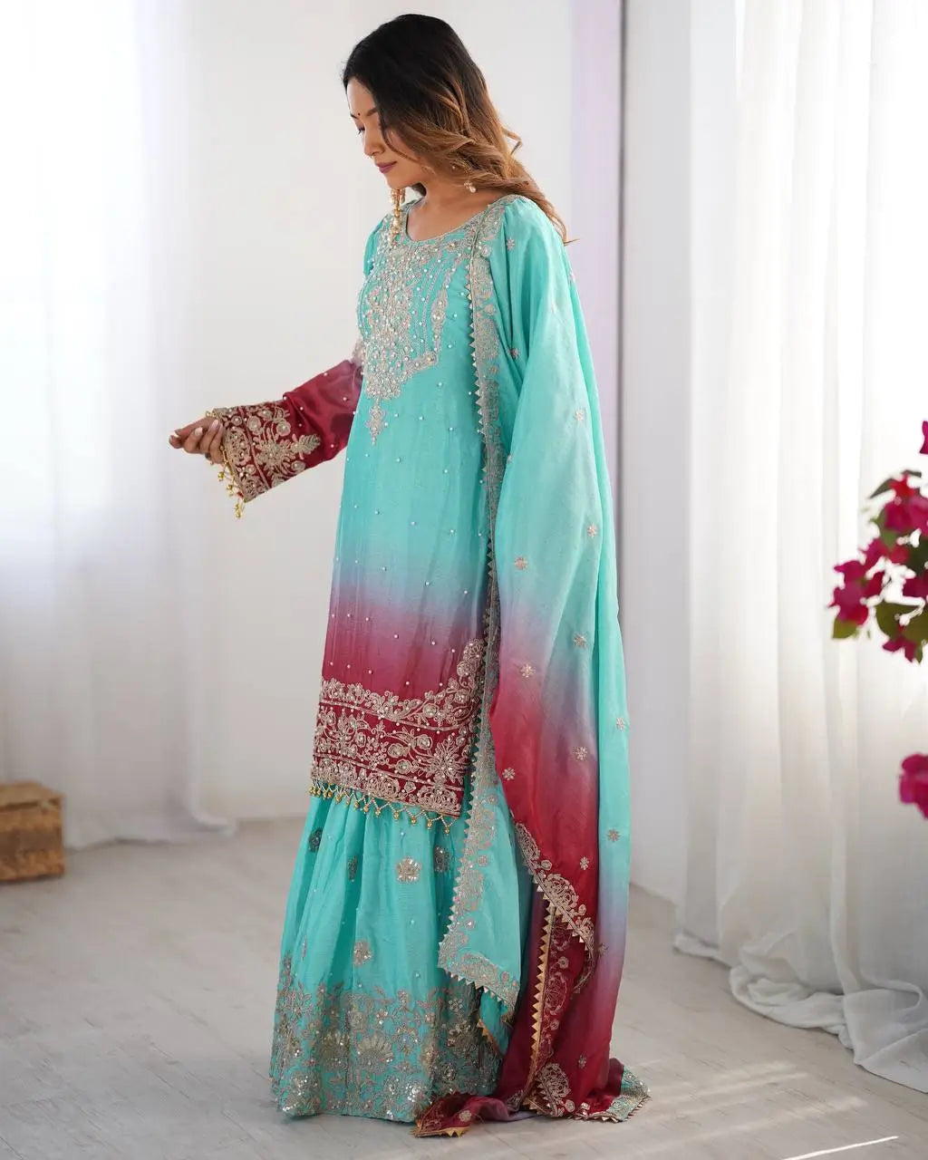 Chinon Silk Embroidered Sharara Suit Set with Dupatta