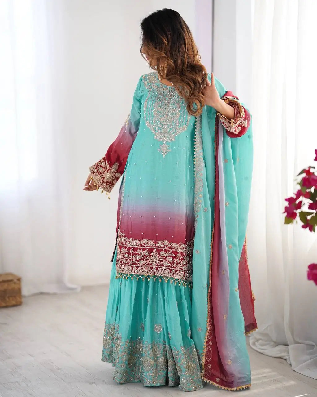 Chinon Silk Embroidered Sharara Suit Set with Dupatta