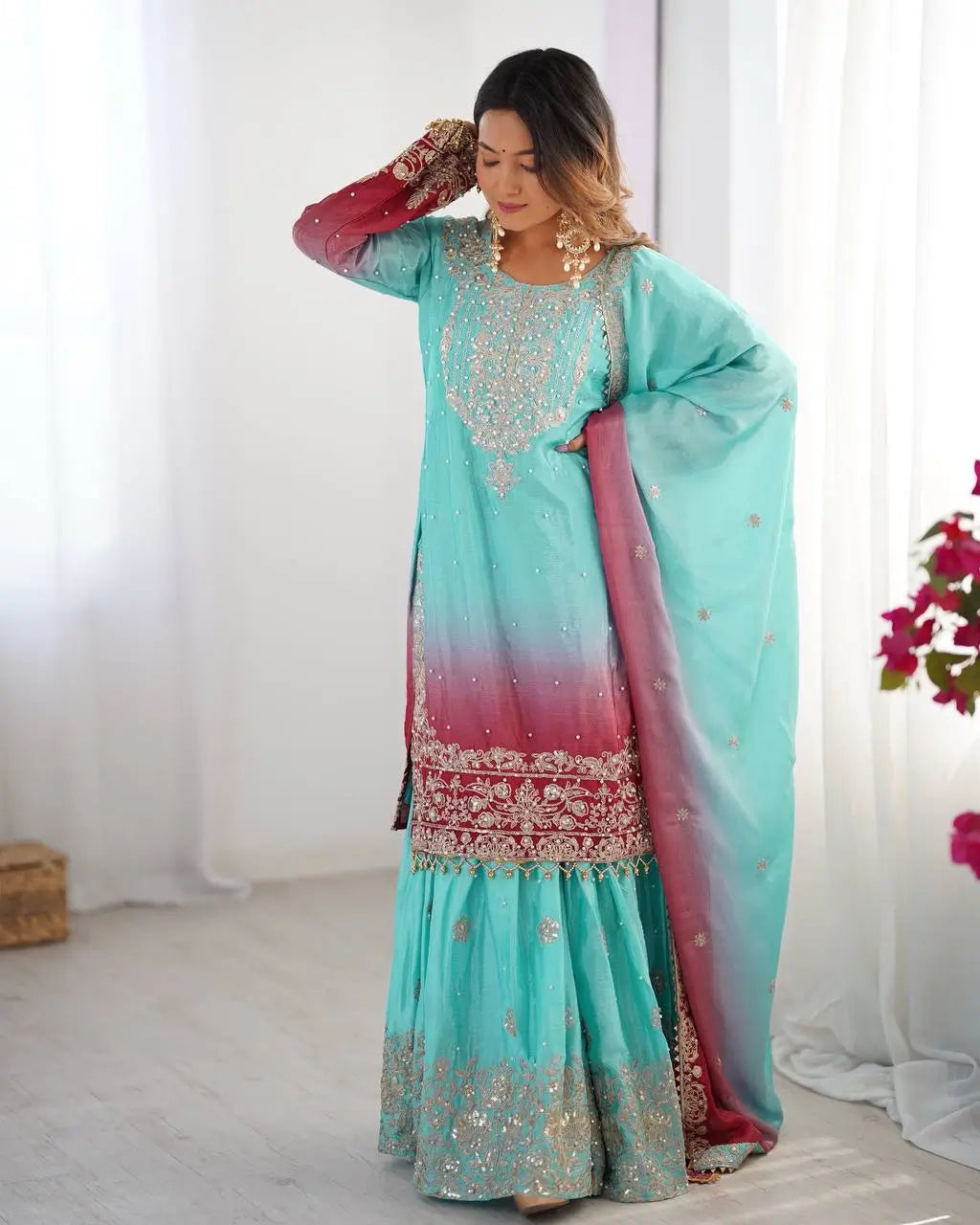 Chinon Silk Embroidered Sharara Suit Set with Dupatta