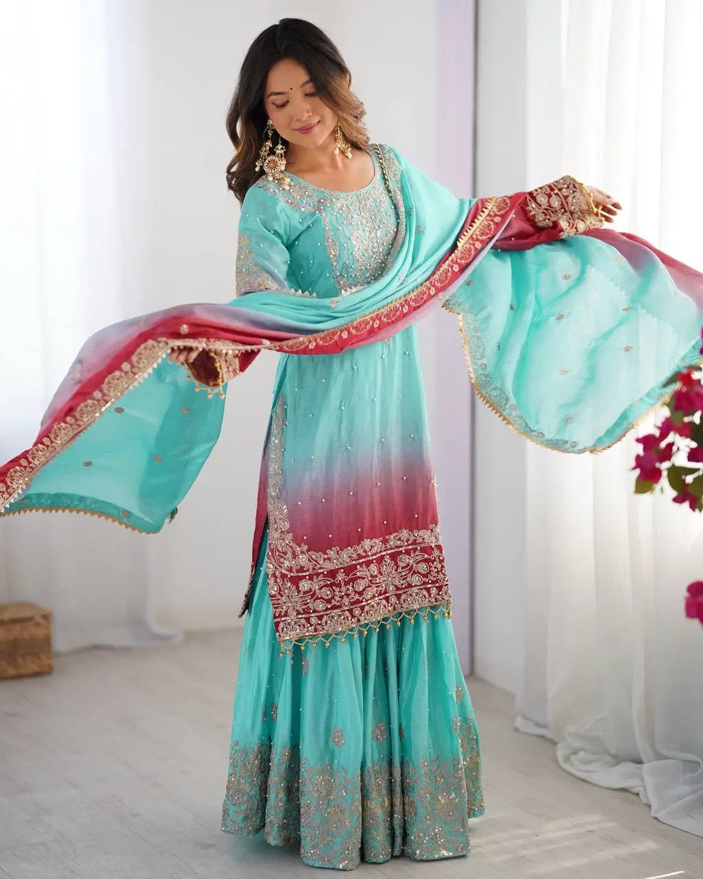 Chinon Silk Embroidered Sharara Suit Set with Dupatta