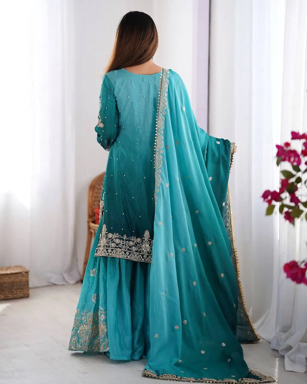 Chinon Silk Embroidered Sharara Suit Set with Dupatta