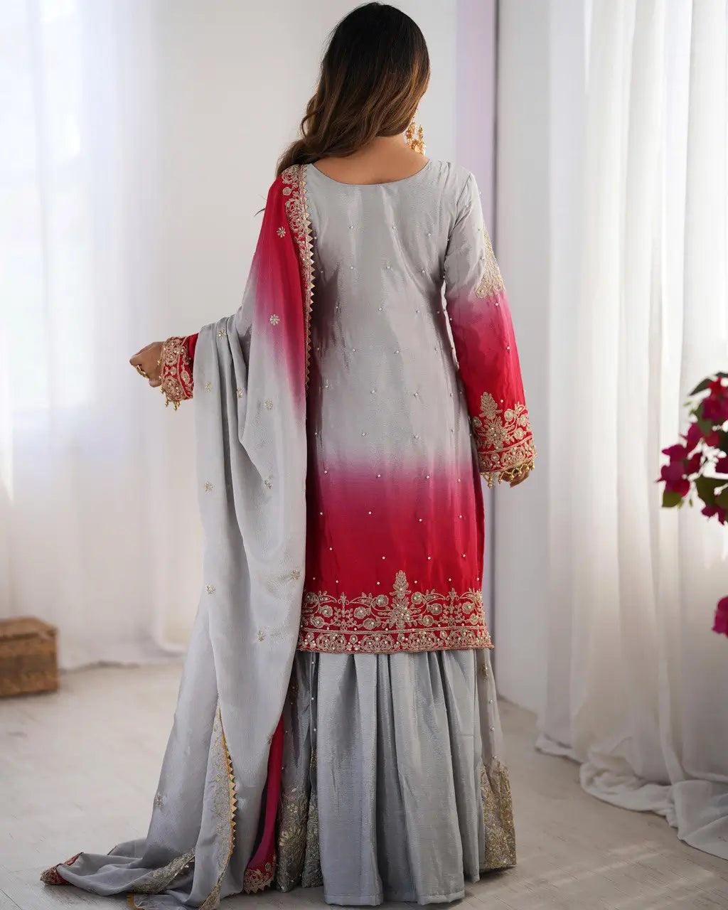 Chinon Silk Embroidered Sharara Suit Set with Dupatta