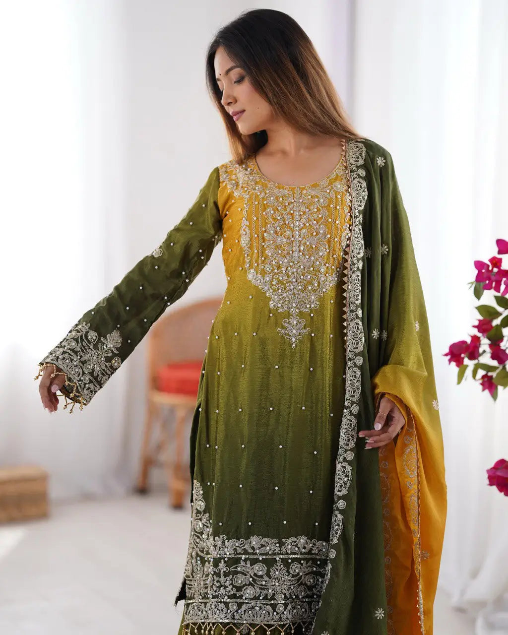 Chinon Silk Embroidered Sharara Suit Set with Dupatta