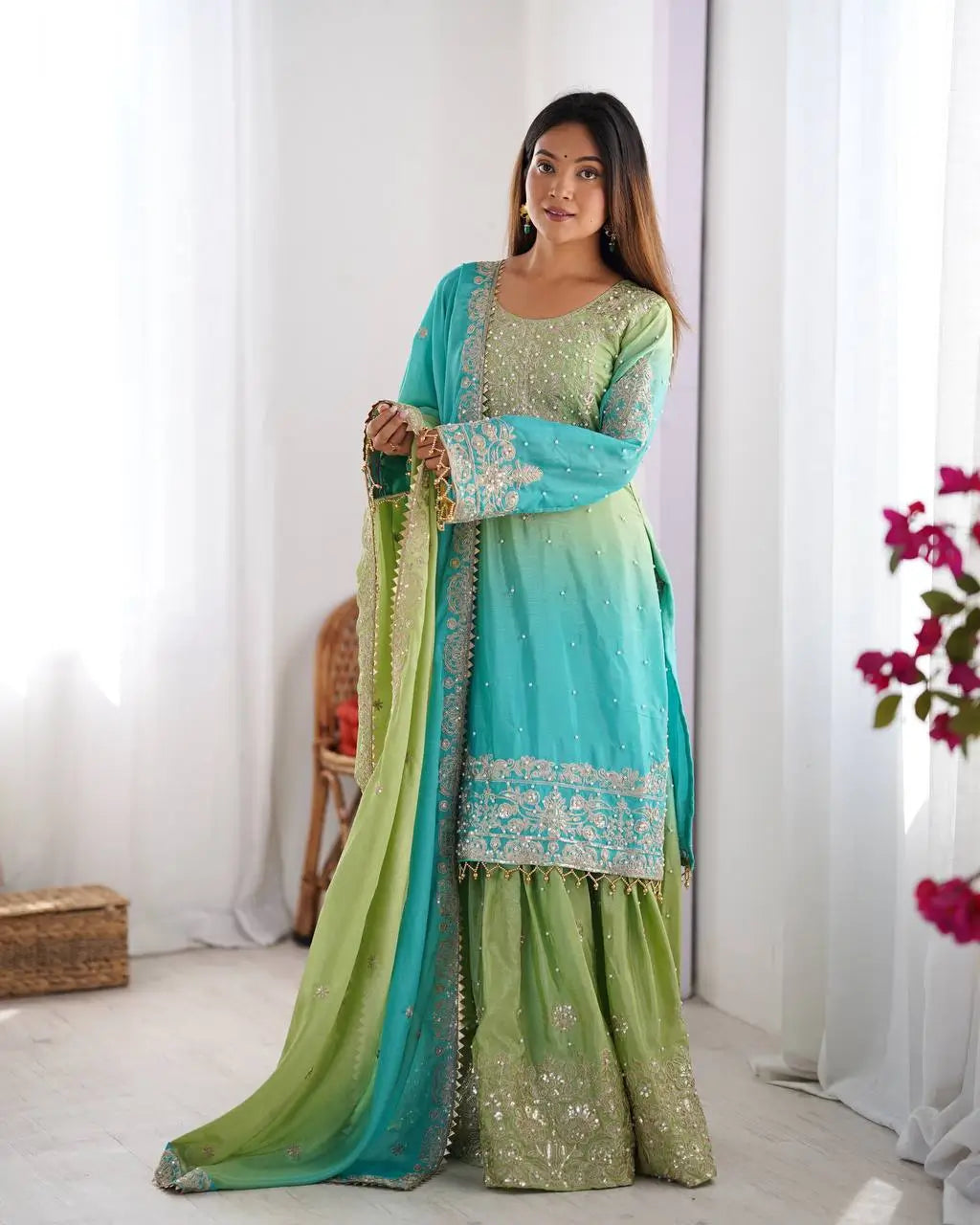 Chinon Silk Embroidered Sharara Suit Set with Dupatta