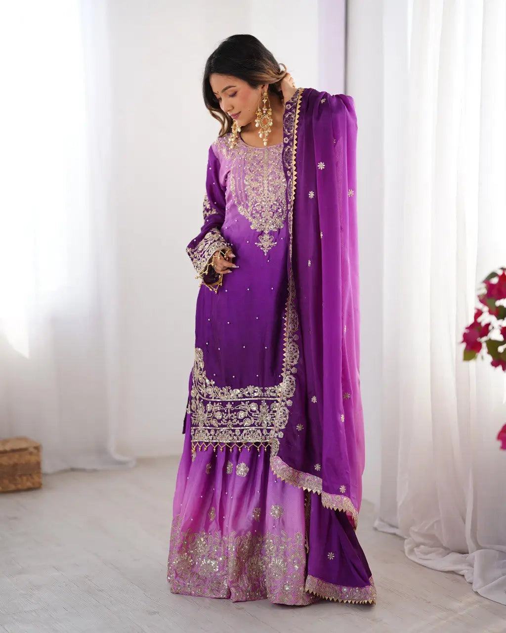 Chinon Silk Embroidered Sharara Suit Set with Dupatta