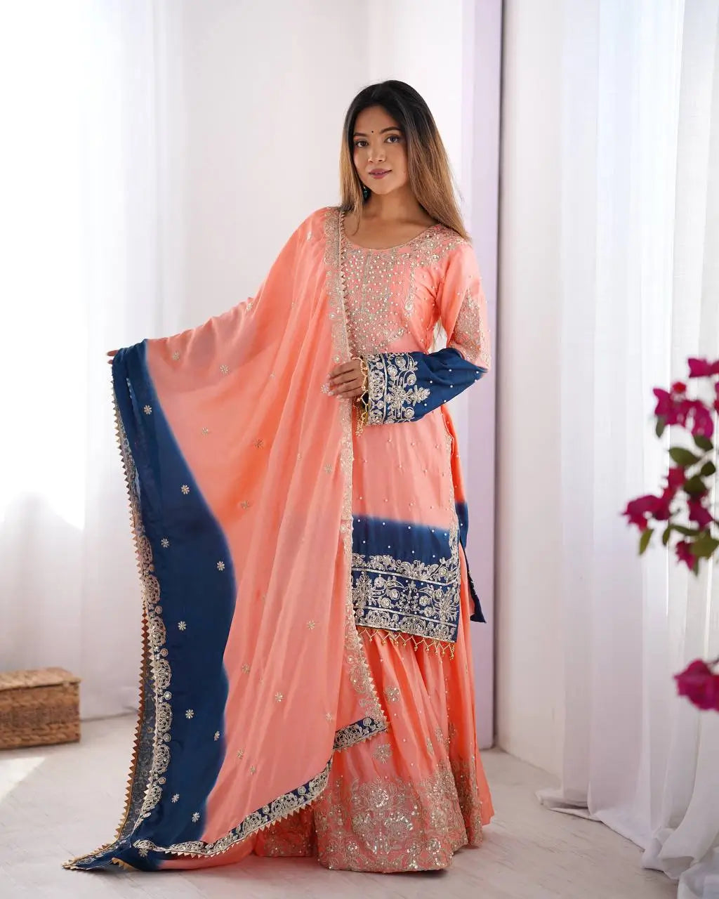 Chinon Silk Embroidered Sharara Suit Set with Dupatta