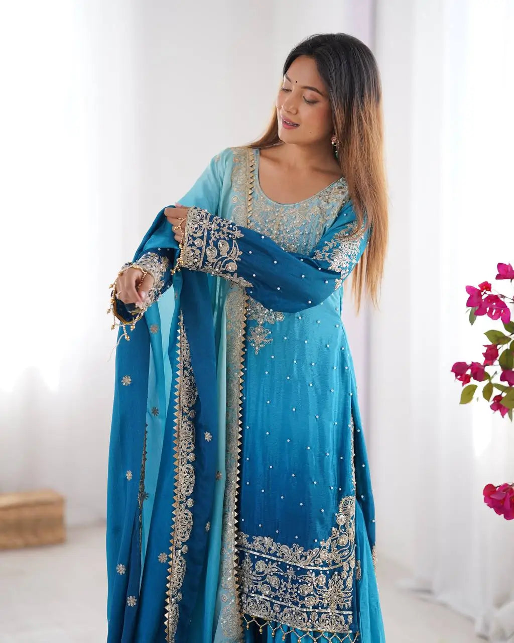 Chinon Silk Embroidered Sharara Suit Set with Dupatta