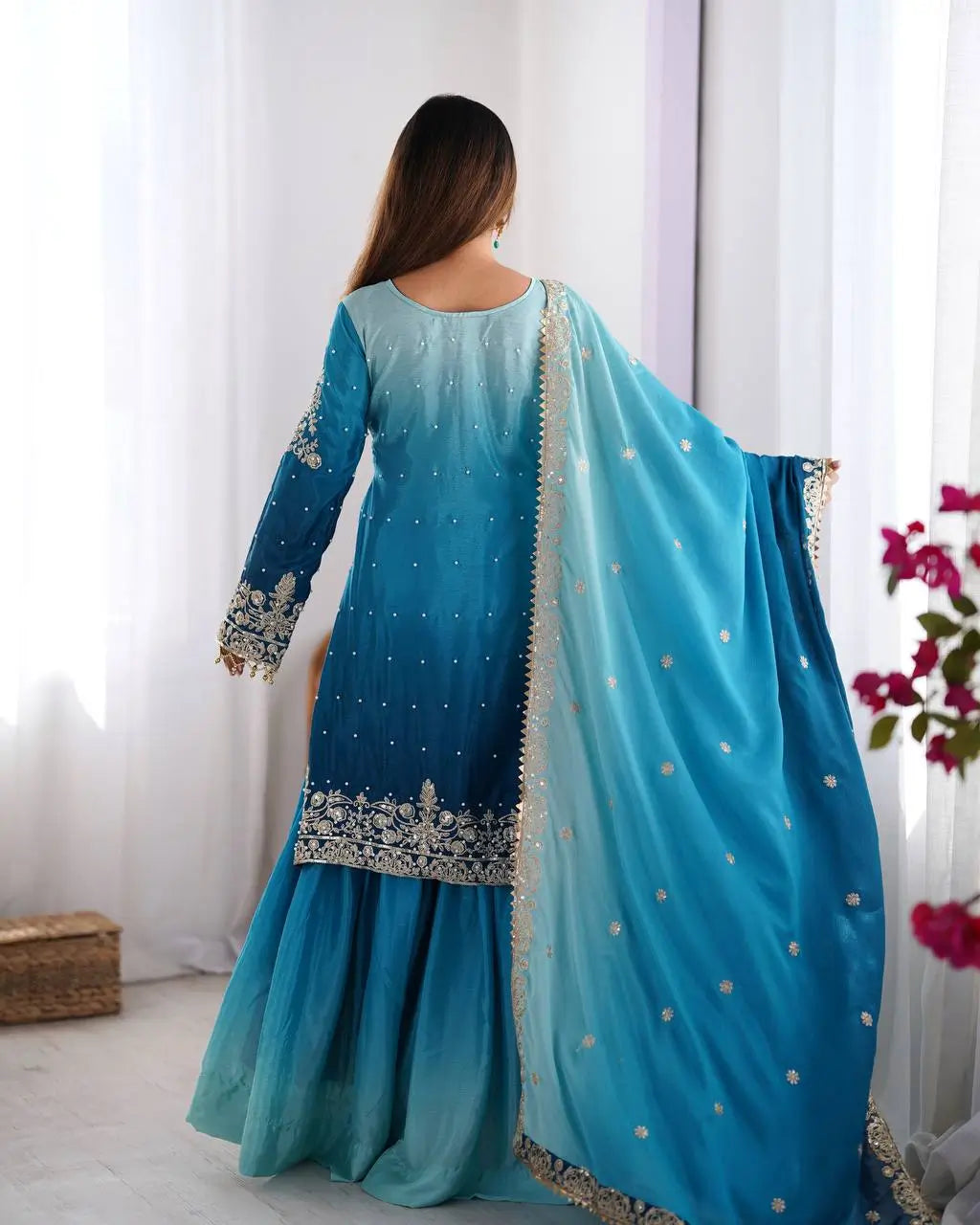 Chinon Silk Embroidered Sharara Suit Set with Dupatta