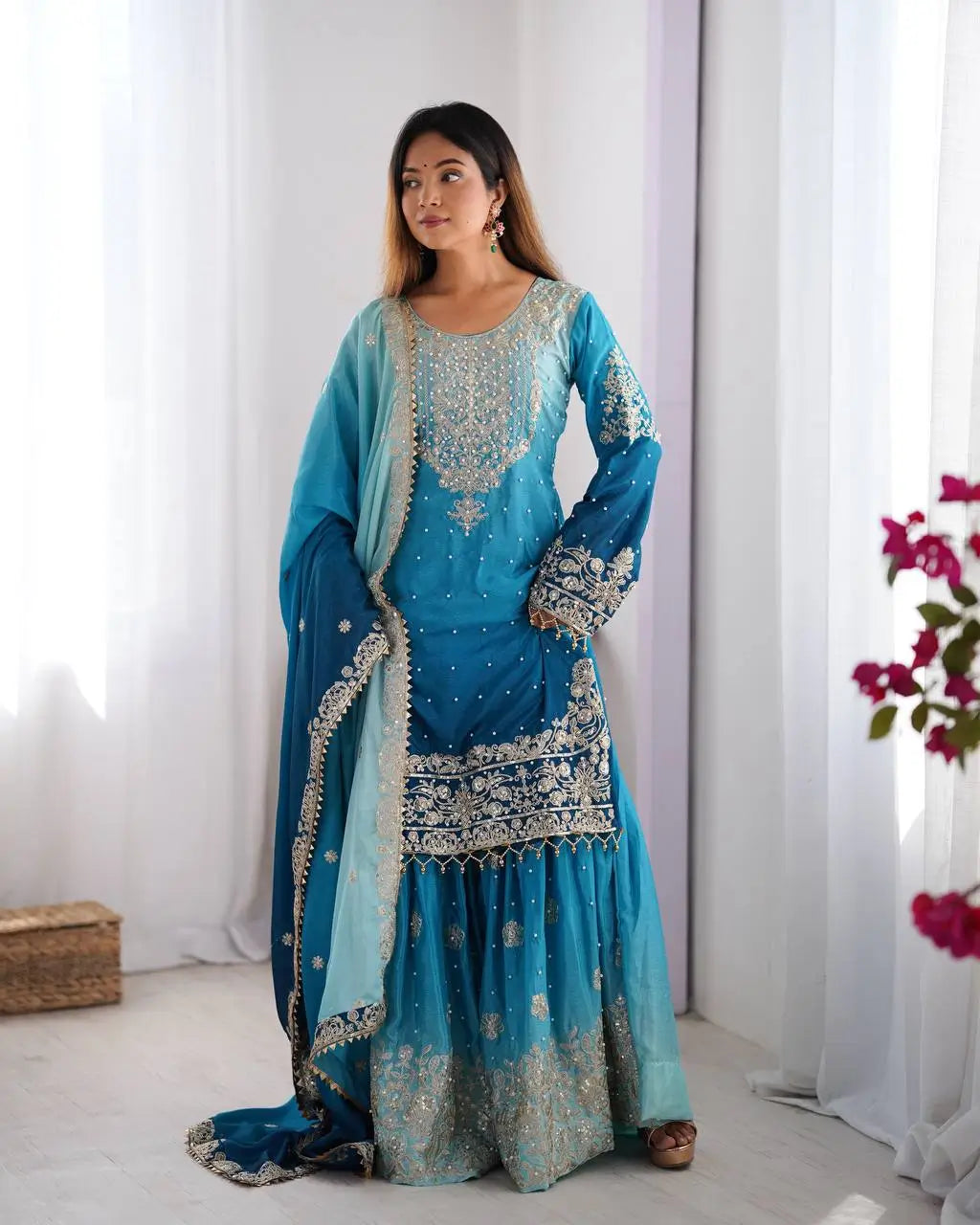 Chinon Silk Embroidered Sharara Suit Set with Dupatta