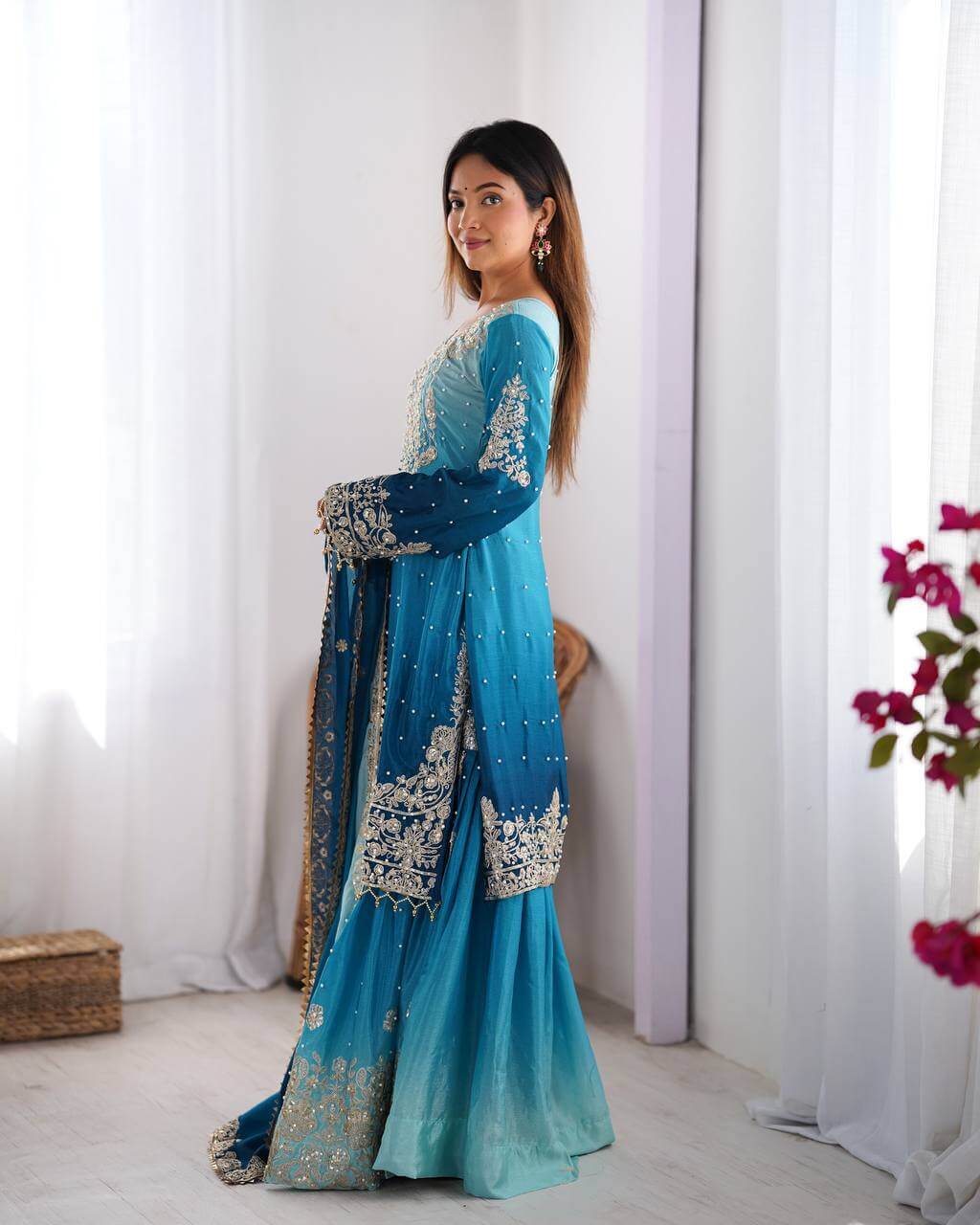 Chinon Silk Embroidered Sharara Suit Set with Dupatta