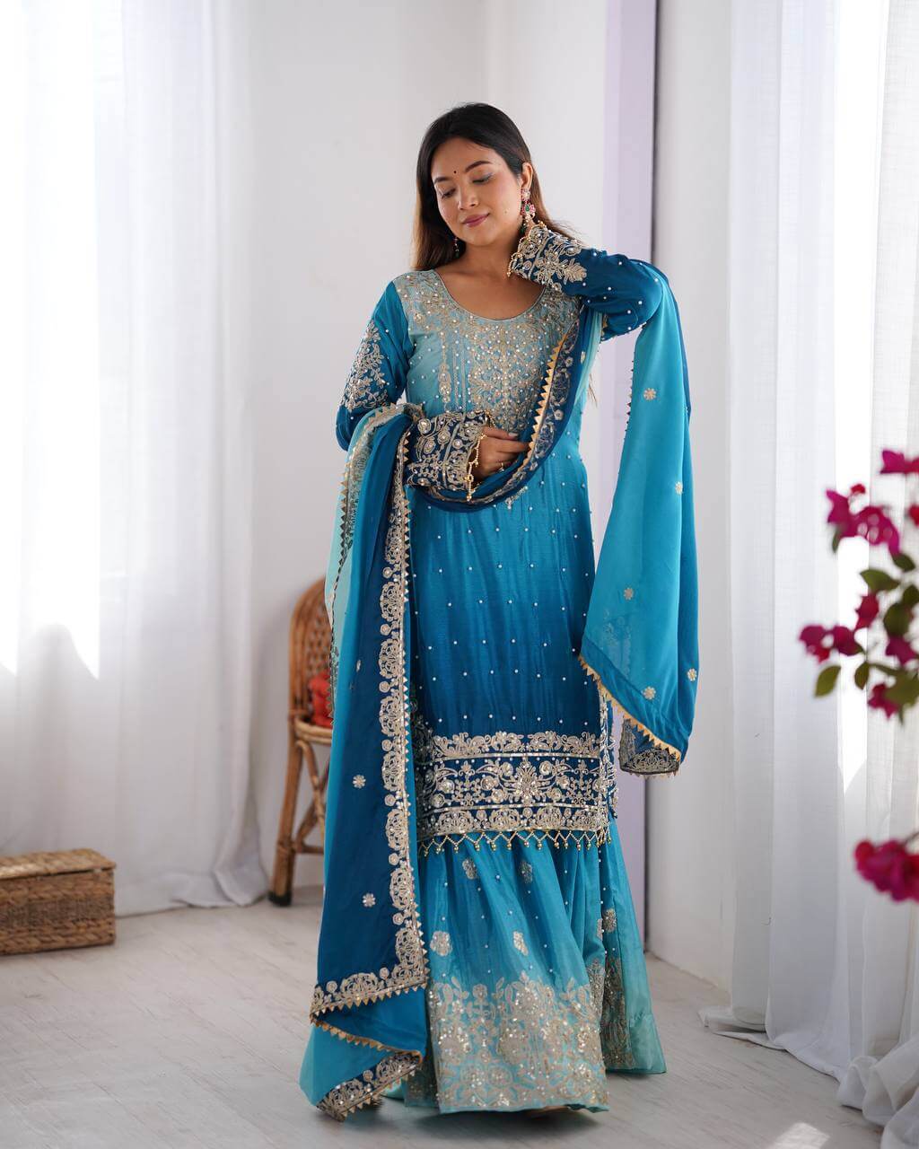 Chinon Silk Embroidered Sharara Suit Set with Dupatta