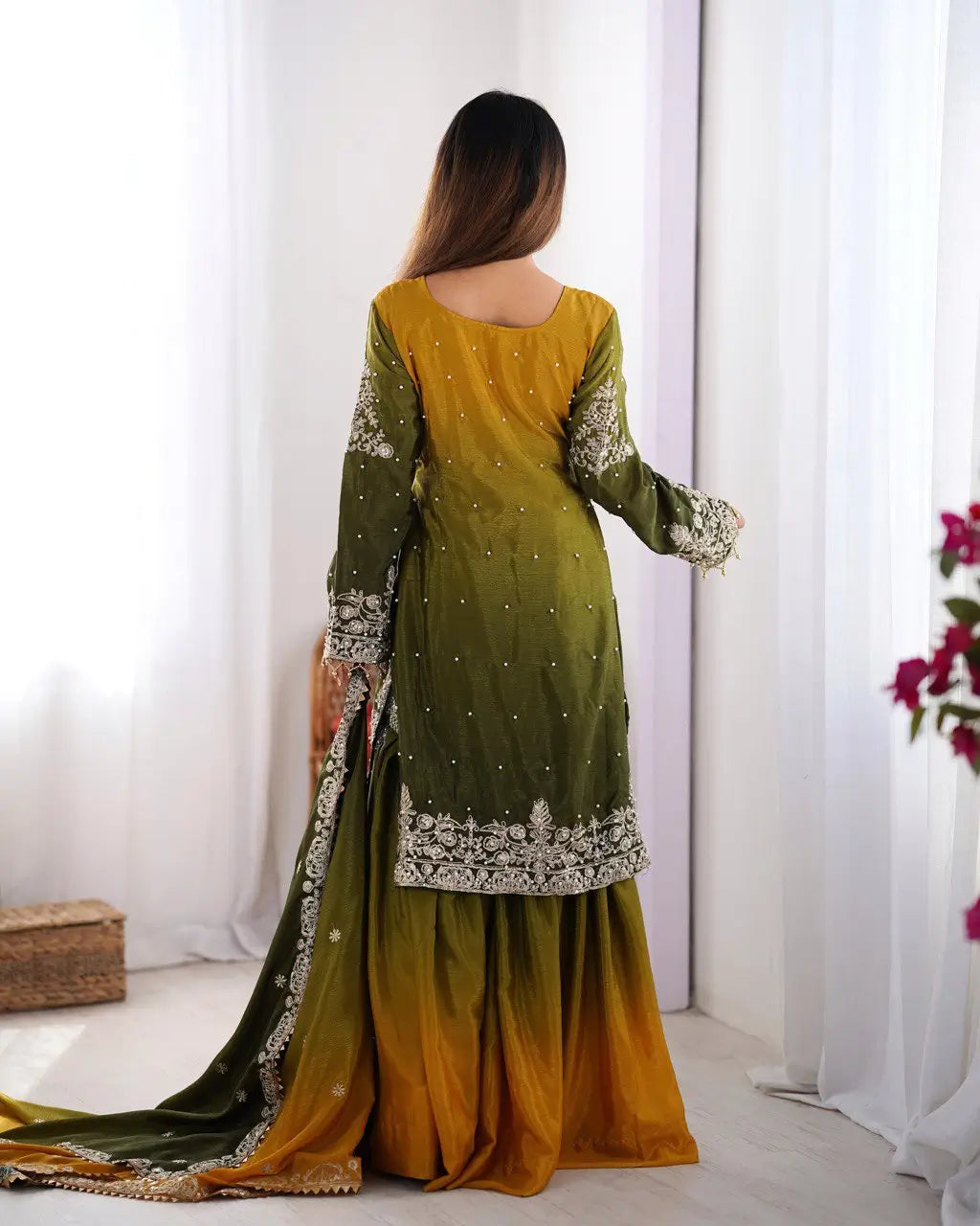 Chinon Silk Embroidered Sharara Suit Set with Dupatta