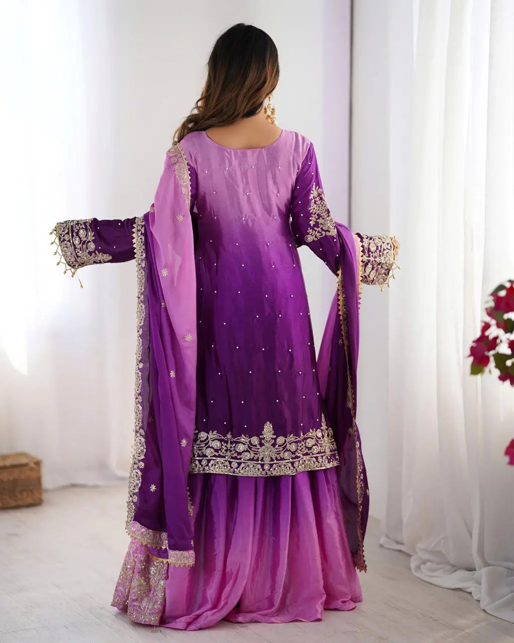 Chinon Silk Embroidered Sharara Suit Set with Dupatta